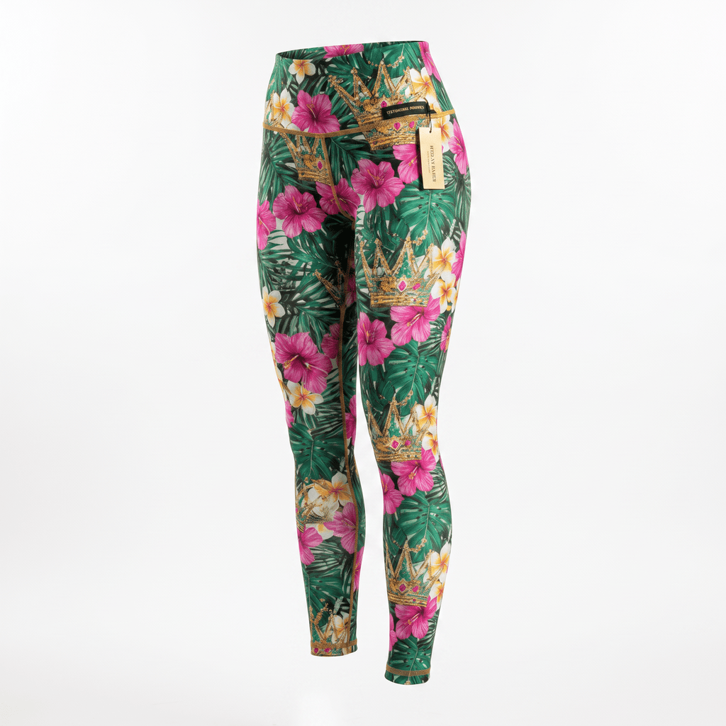 High-waisted green leggings featuring a tropical floral print with pink hibiscus flowers and gold crowns.