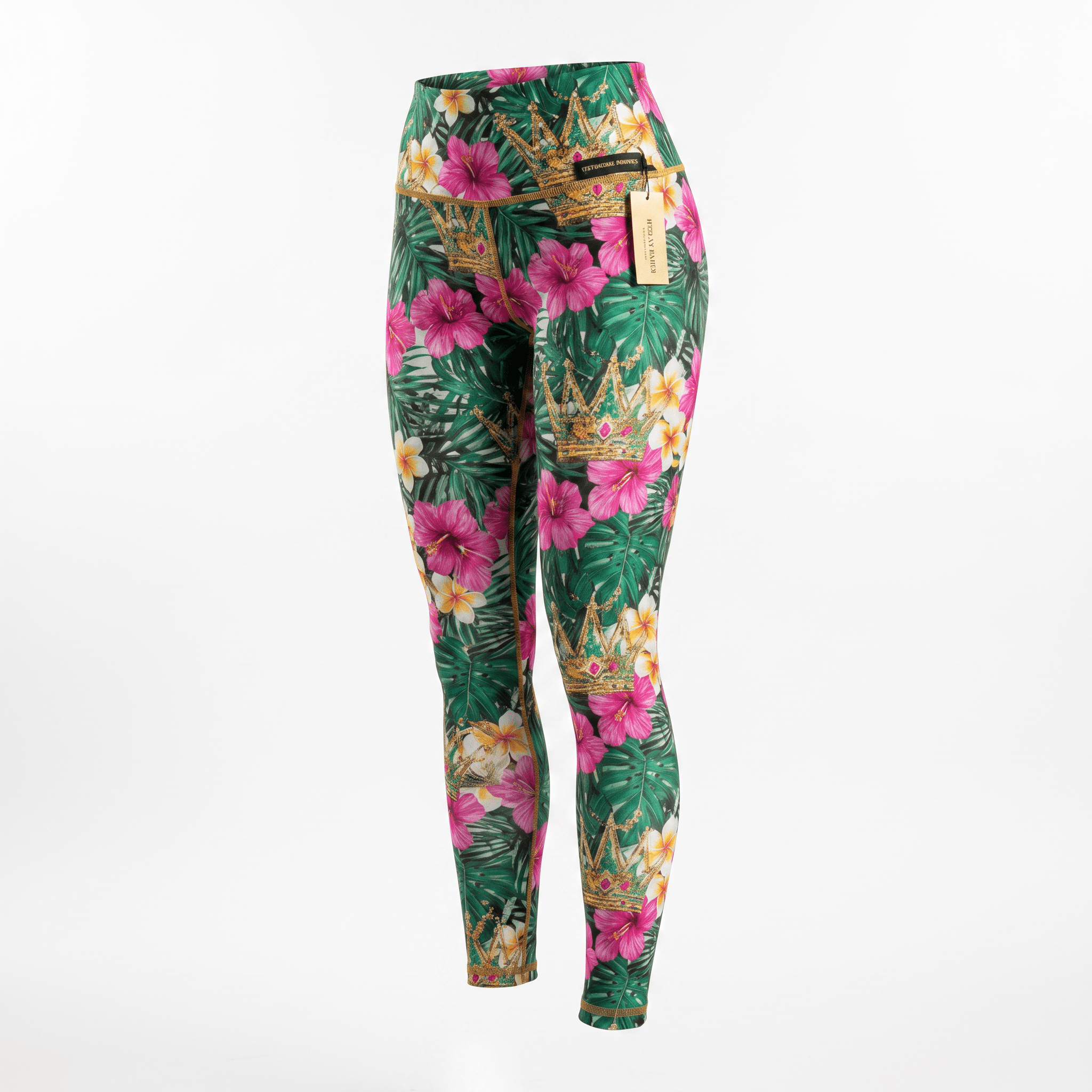 High-waisted green leggings featuring a tropical floral print with pink hibiscus flowers and gold crowns.