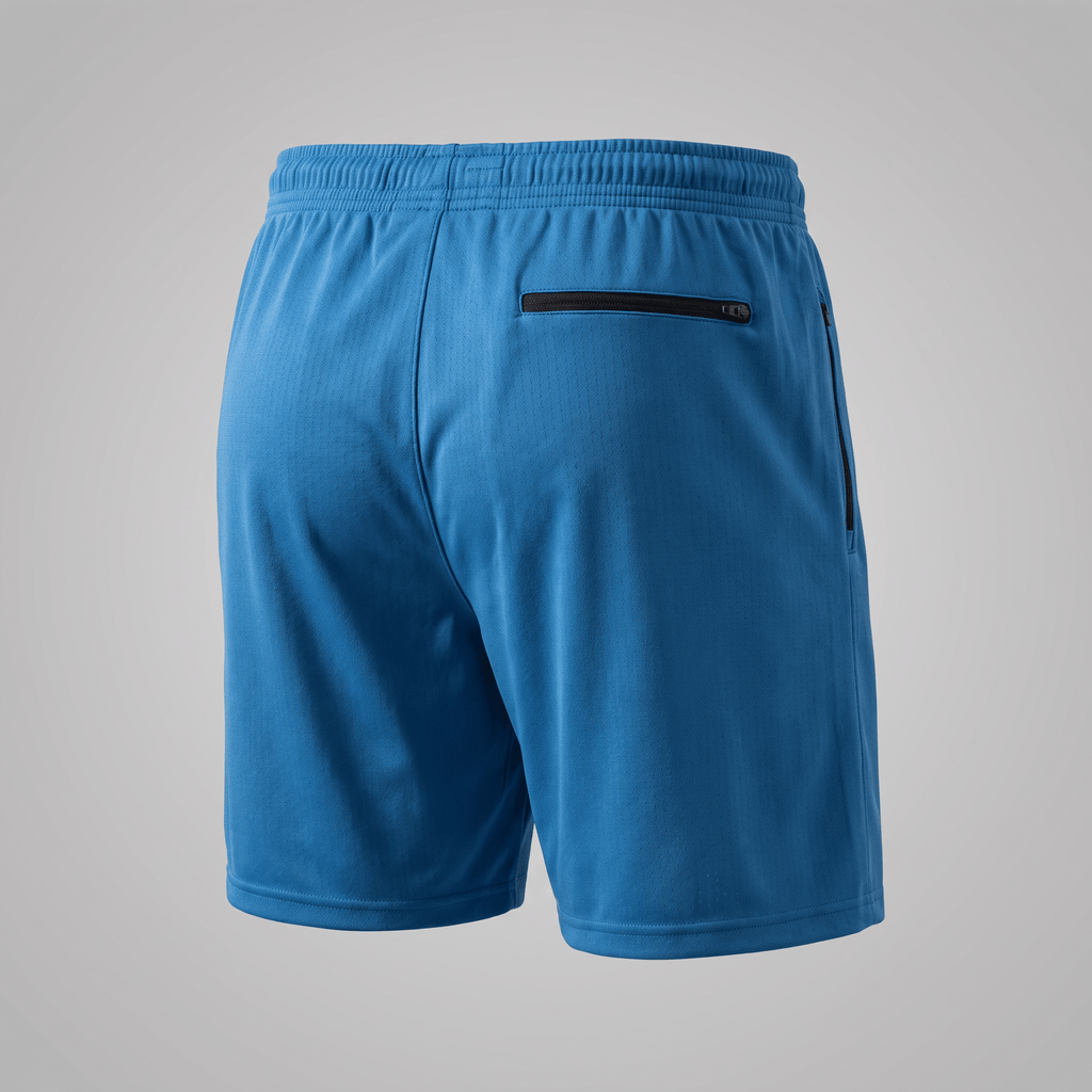 Rear view of blue athletic shorts featuring a zipped back pocket and elastic waistband.