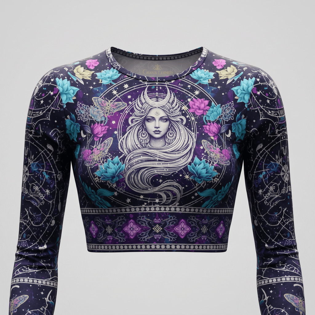 Purple long-sleeve crop top featuring a mystical goddess graphic with lotuses and celestial designs.