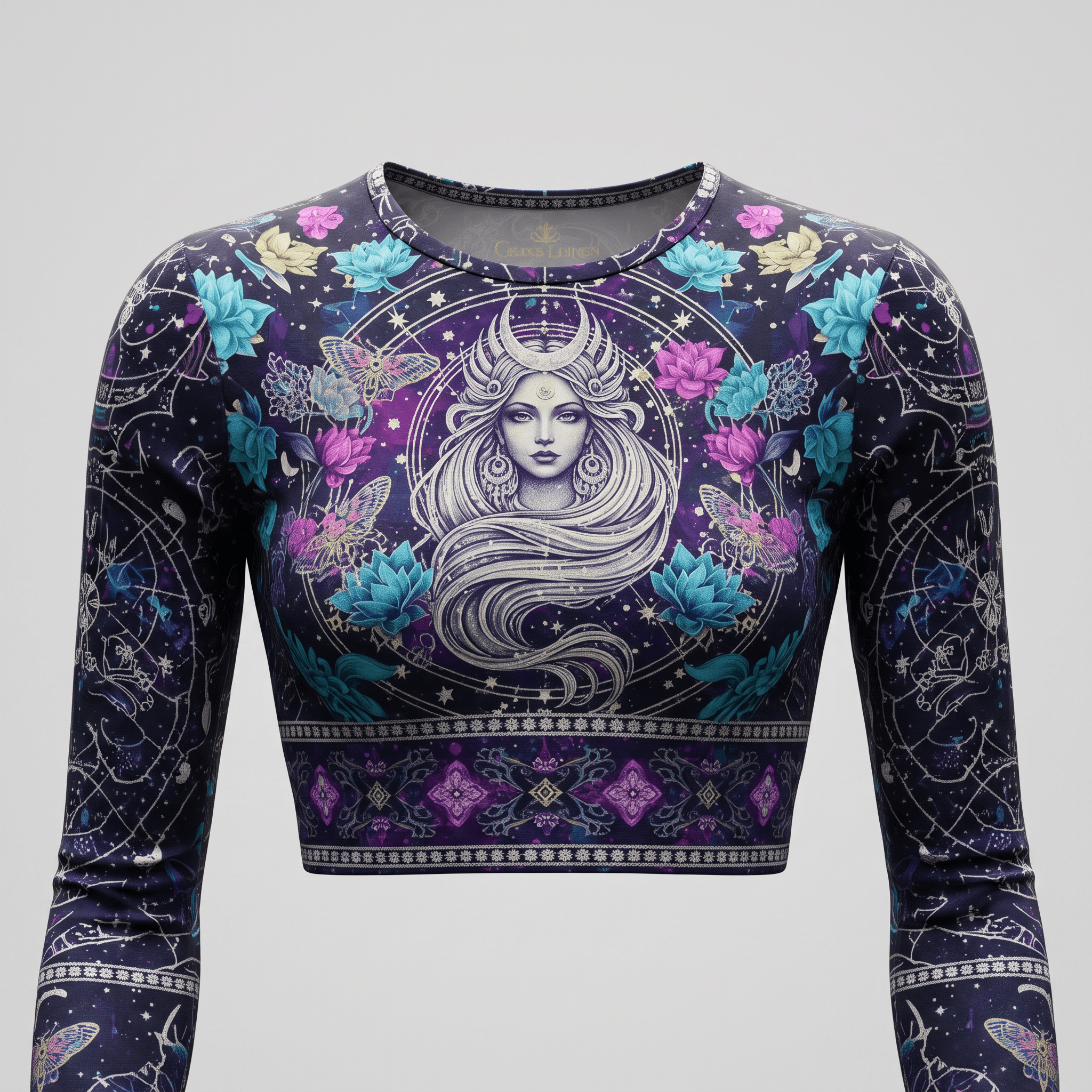 Purple long-sleeve crop top featuring a mystical goddess graphic with lotuses and celestial designs.