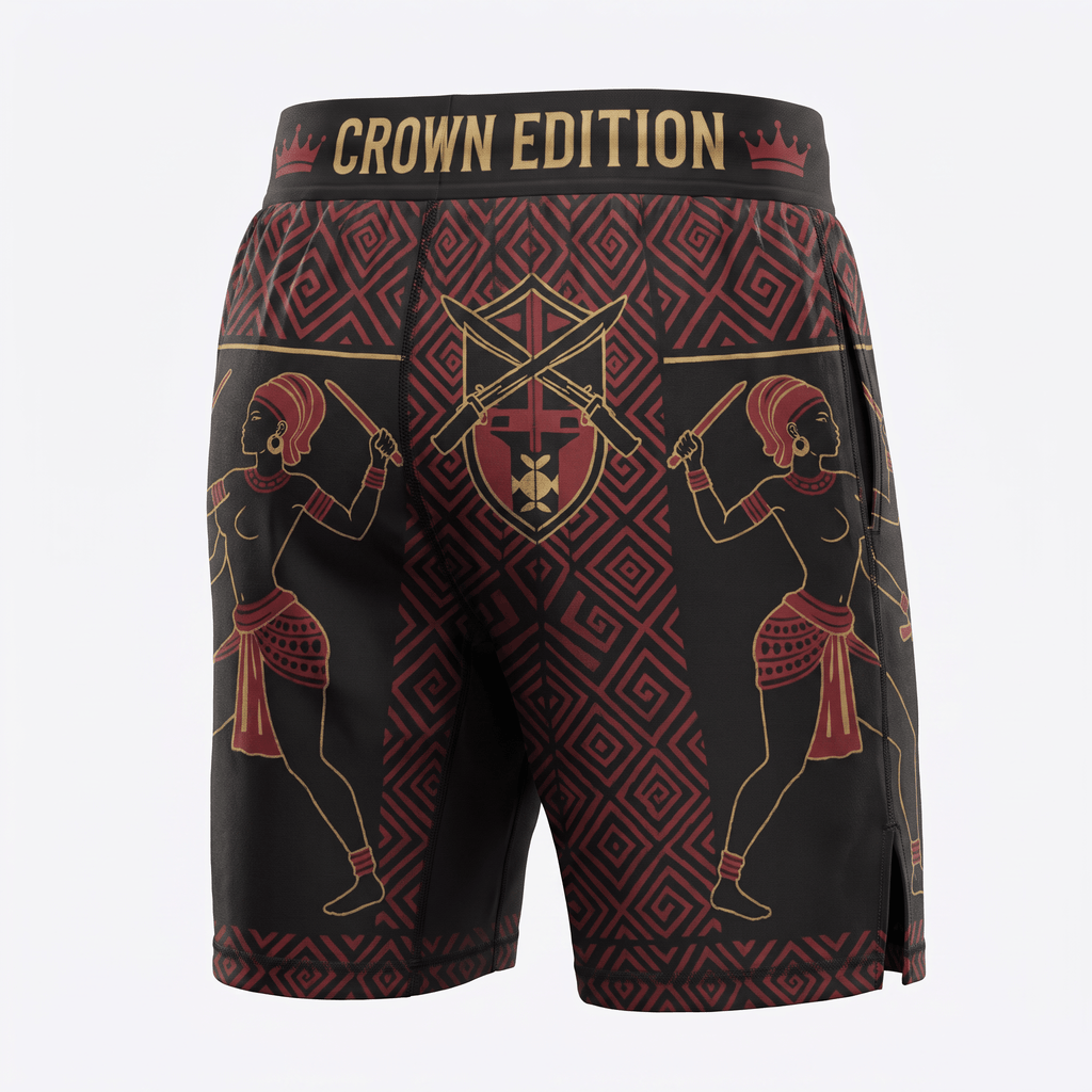 Crown Edition black and red athletic shorts with warrior graphics and geometric patterns.