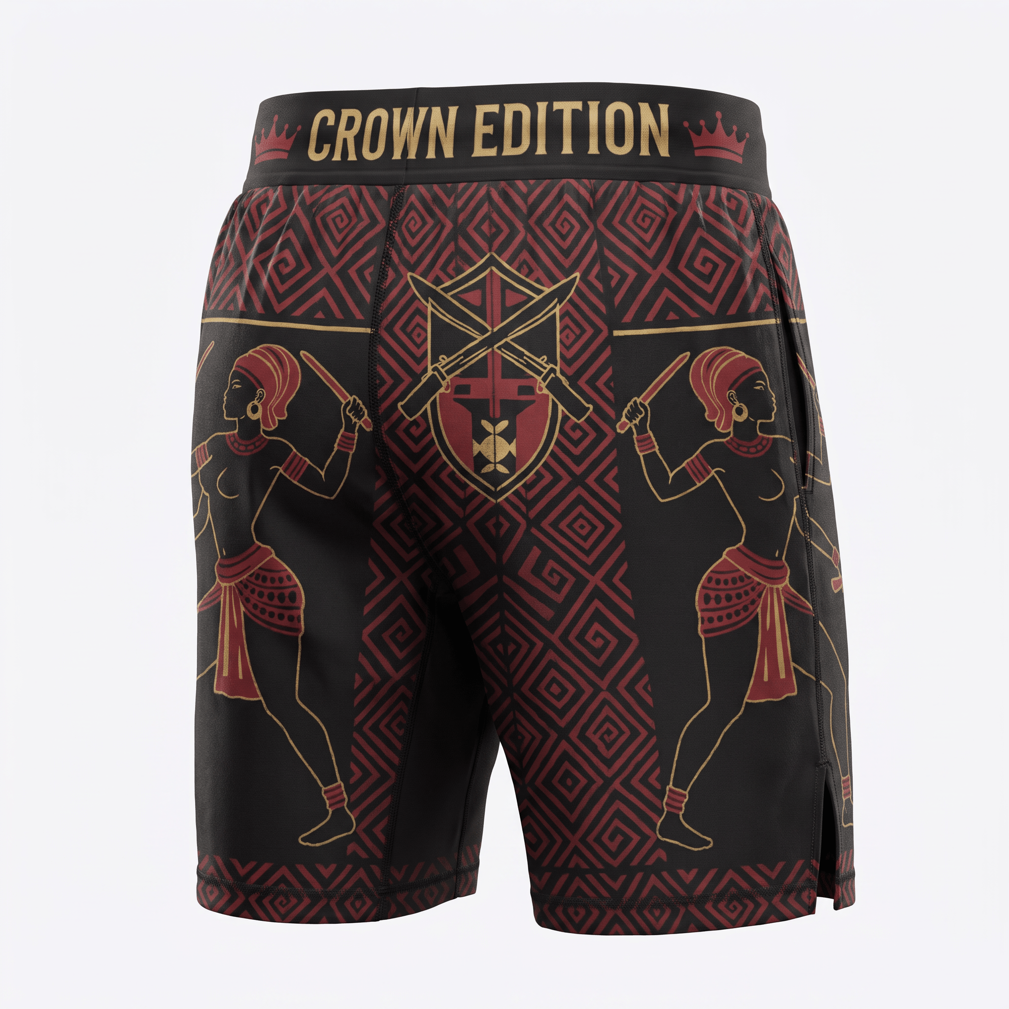 Crown Edition black and red athletic shorts with warrior graphics and geometric patterns.