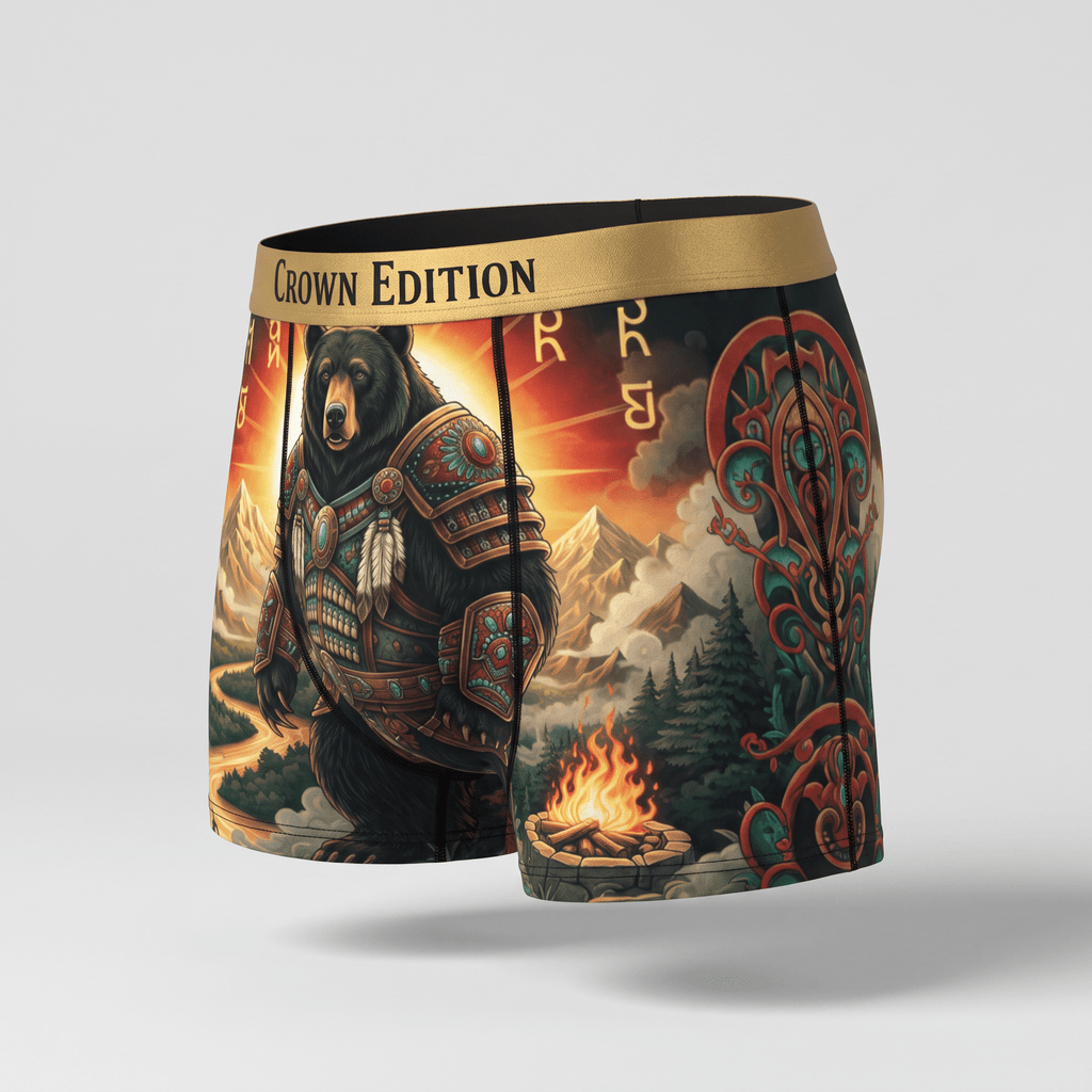 Crown Edition boxer briefs featuring a fantasy bear warrior, campfire scene, and gold waistband.