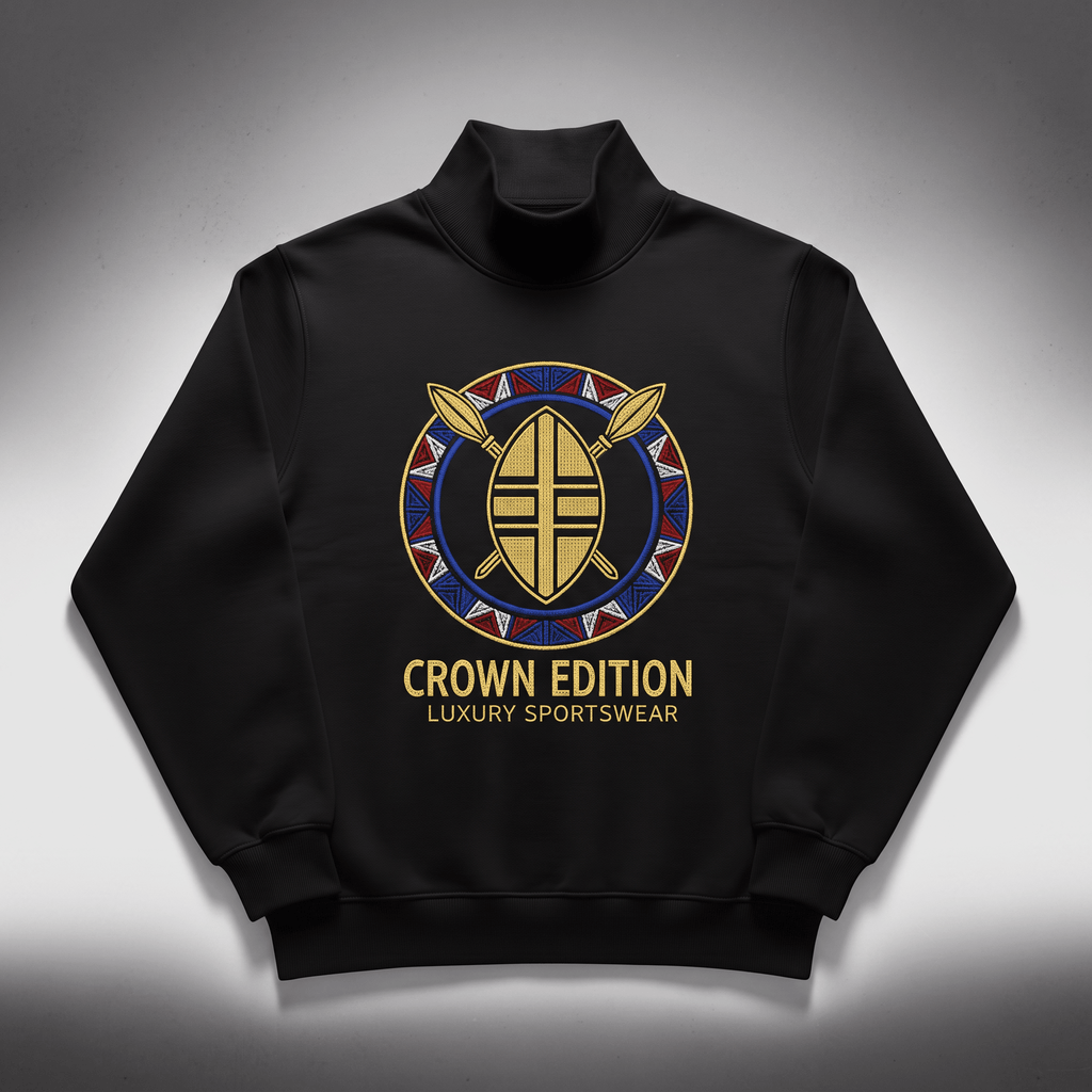 Black mock neck sweatshirt with embroidered tribal shield logo and Crown Edition text in gold, red, and blue.