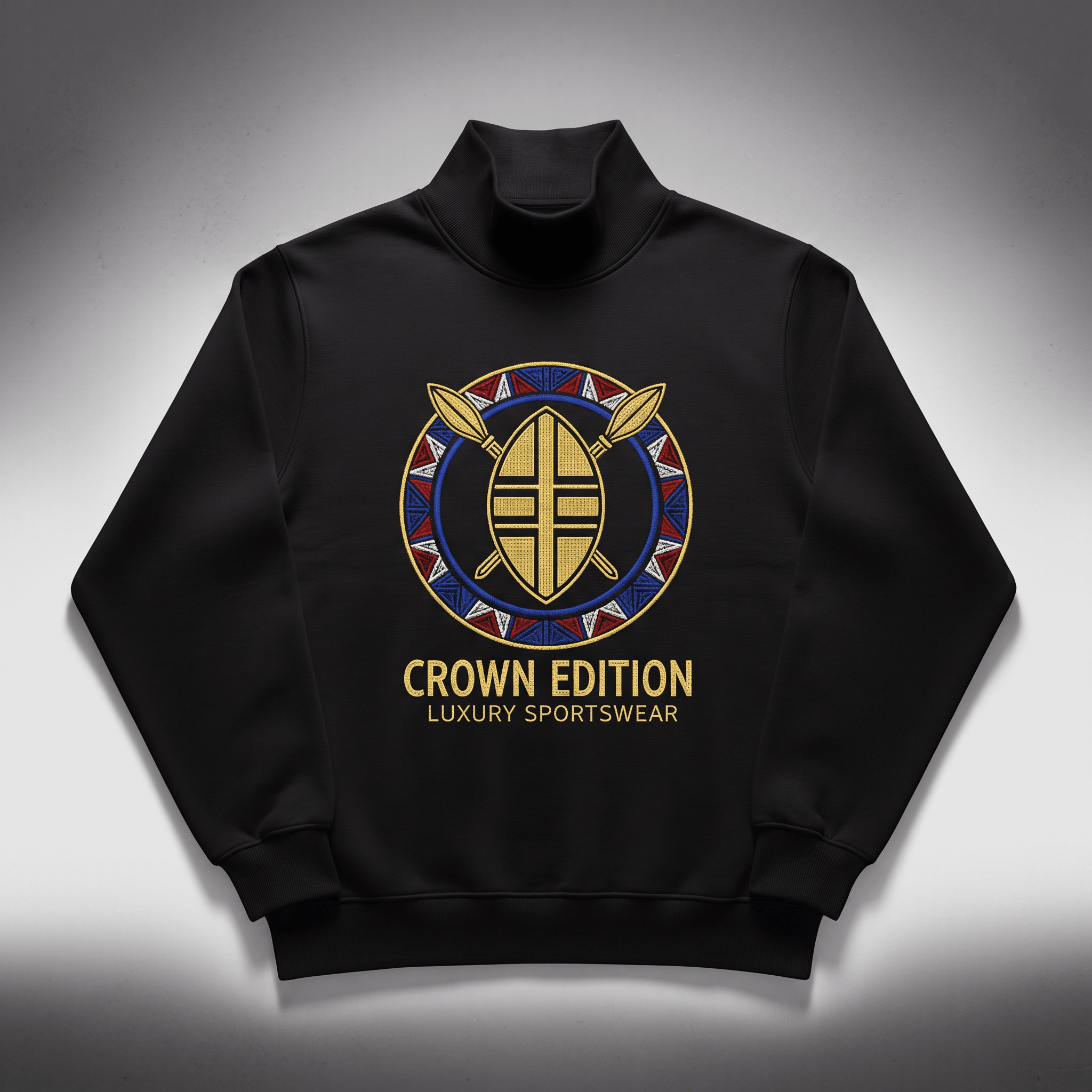 Black mock neck sweatshirt with embroidered tribal shield logo and Crown Edition text in gold, red, and blue.