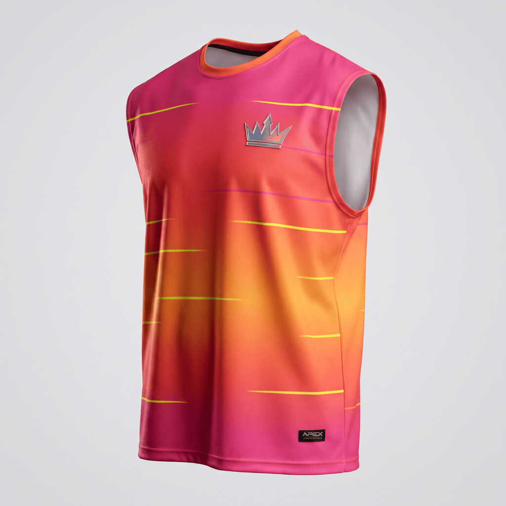 Pink and orange gradient sleeveless athletic jersey with a silver crown logo and yellow dash accents.