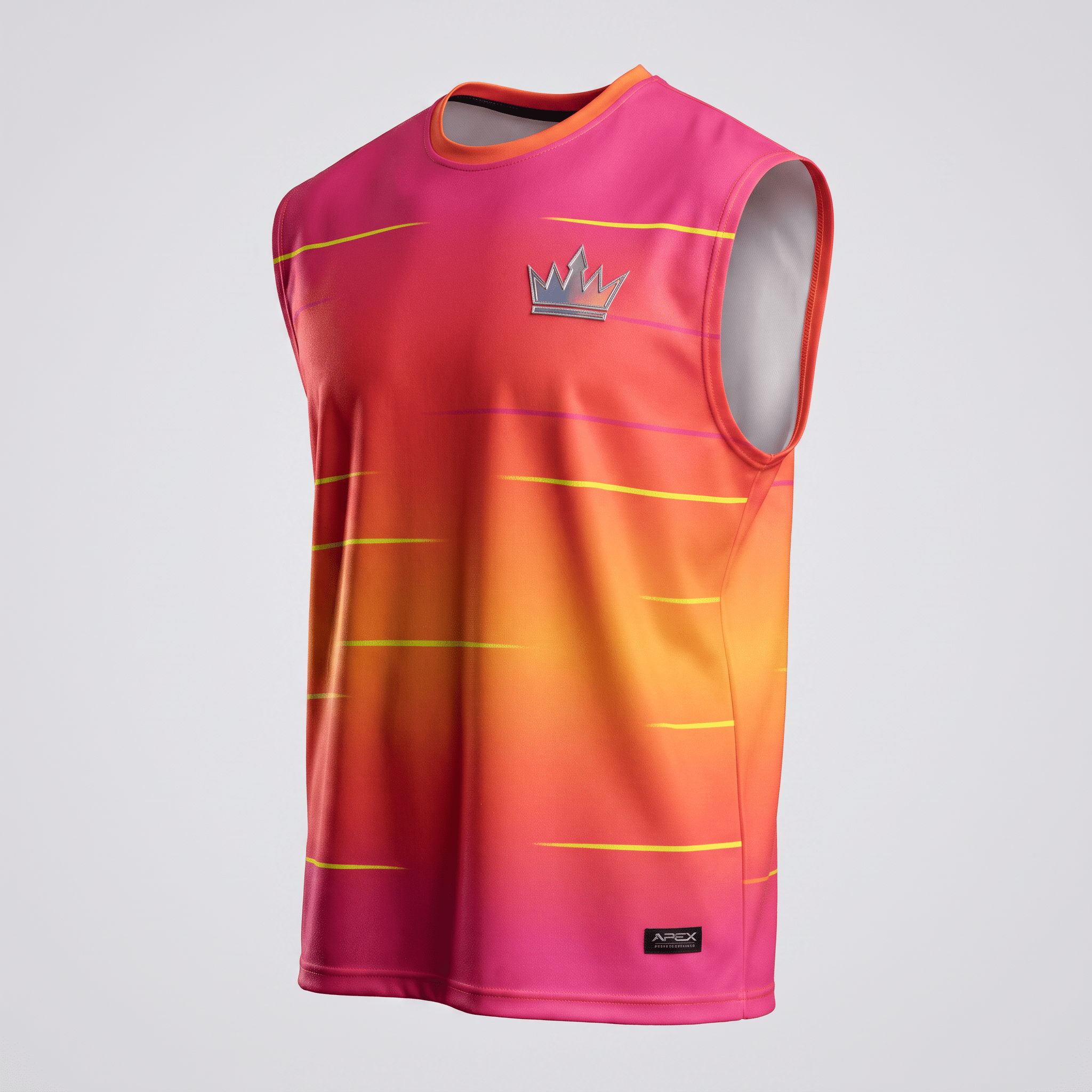 Pink and orange gradient sleeveless athletic jersey with a silver crown logo and yellow dash accents.