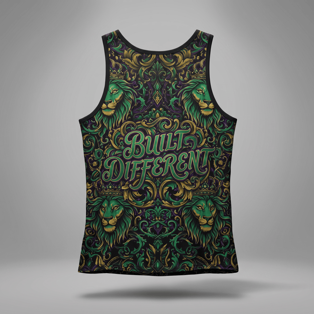 Back view of a black tank top with green and gold lion baroque pattern and Built Different text.