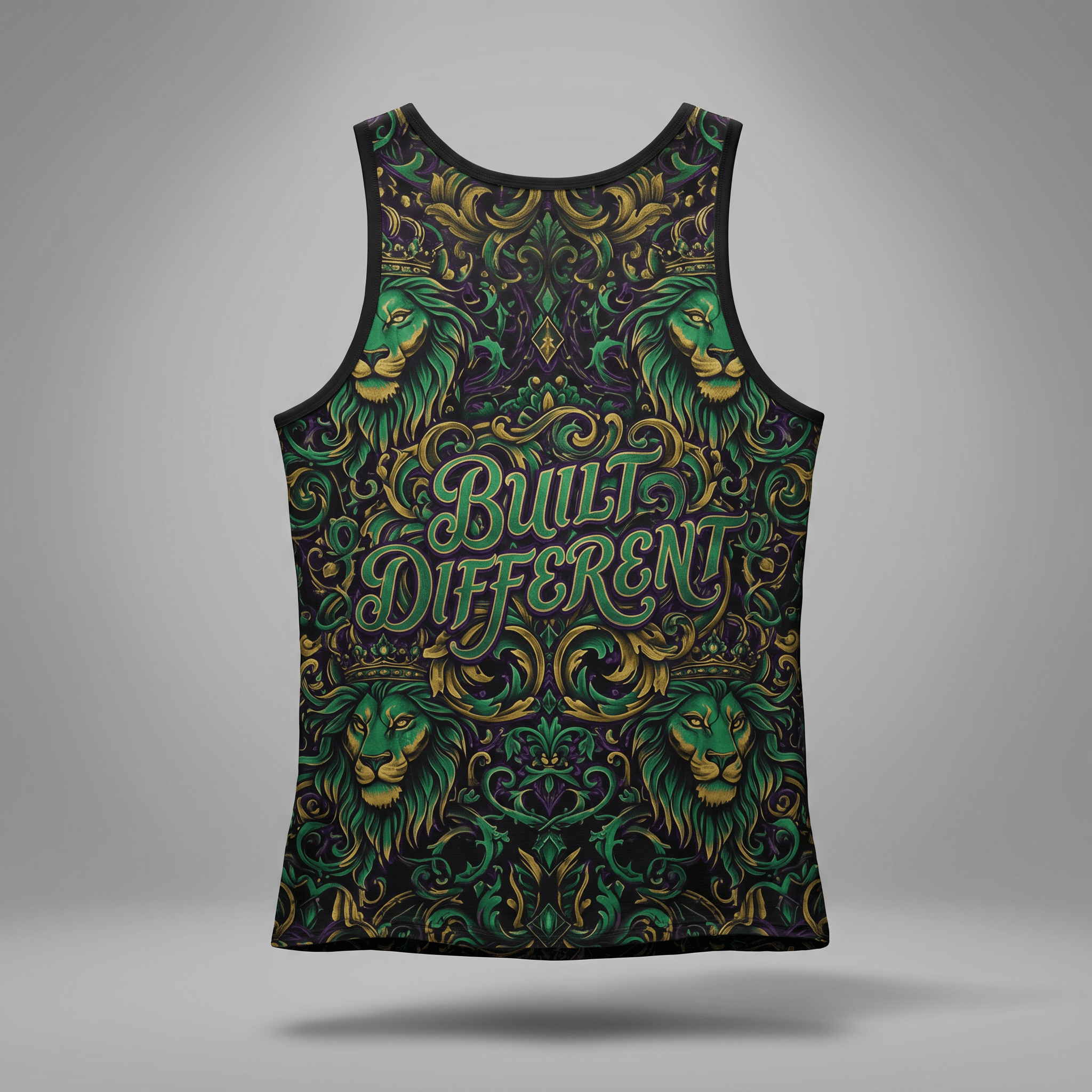 Back view of a black tank top with green and gold lion baroque pattern and Built Different text.