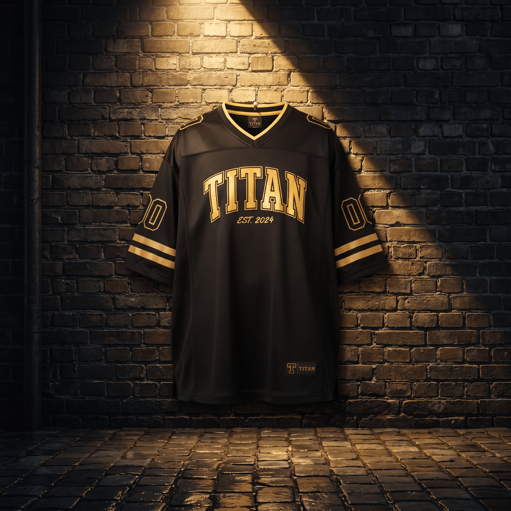 Black athletic jersey with gold "TITAN" lettering and stripes, hanging against a dark brick wall.