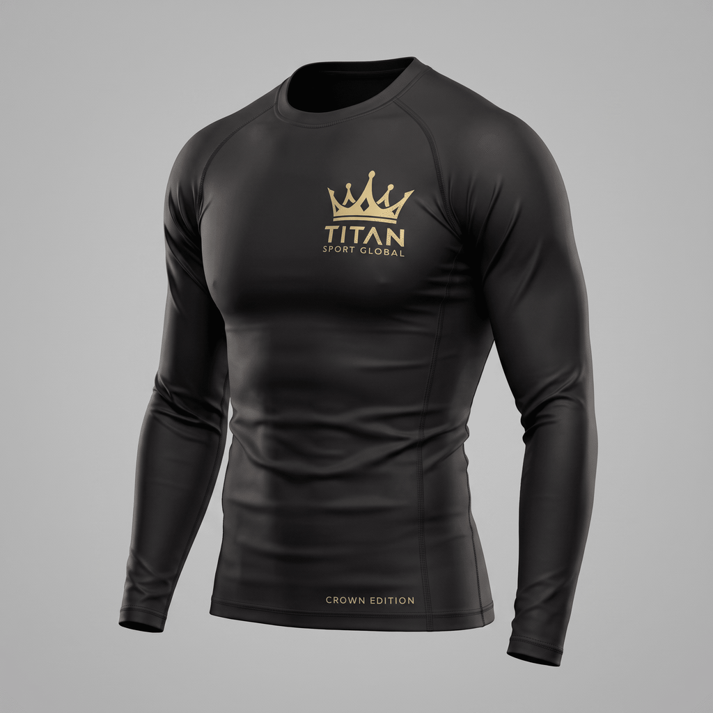 Black long-sleeve rash guard with gold Titan Sport Global crown logo on chest and Crown Edition text.