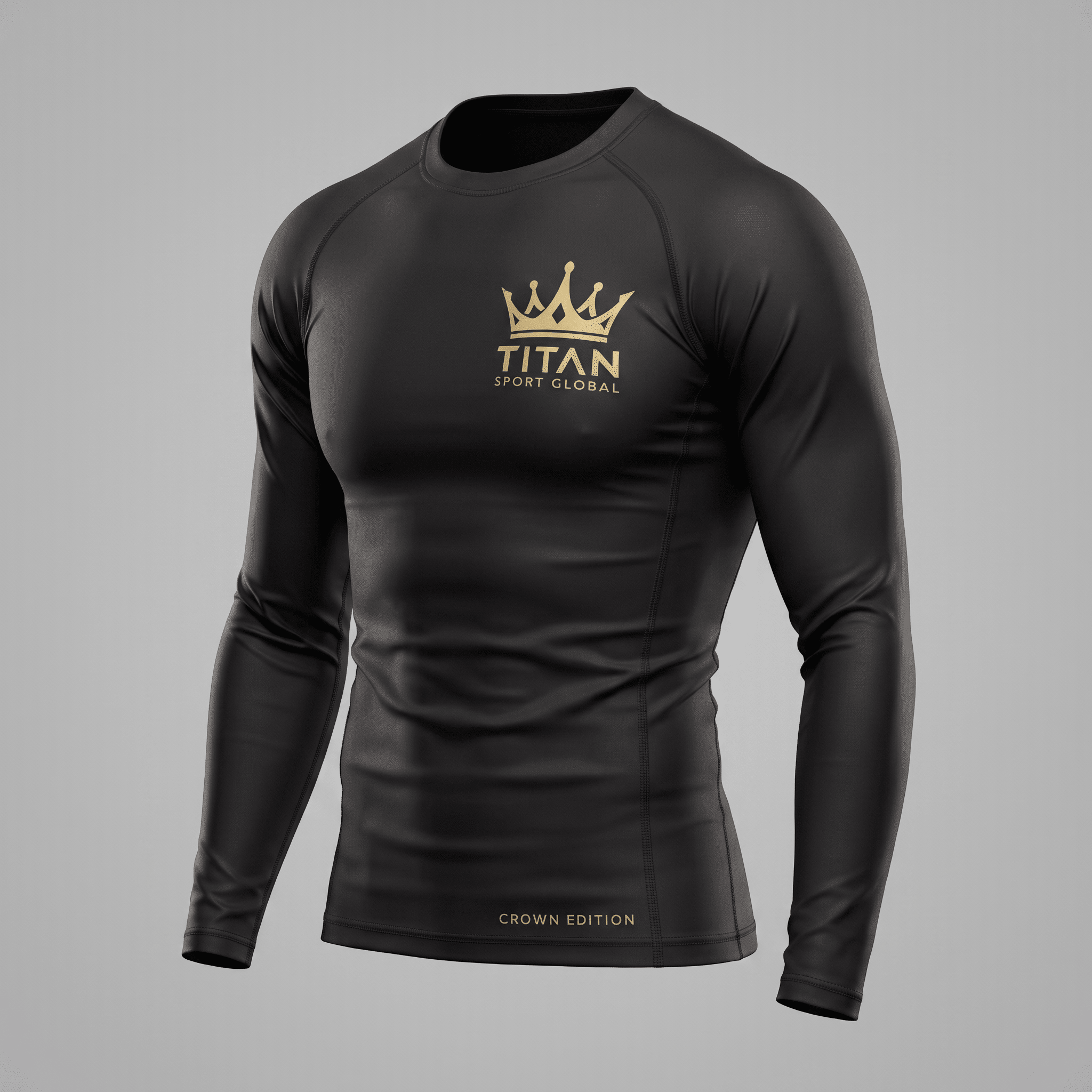 Black long-sleeve rash guard with gold Titan Sport Global crown logo on chest and Crown Edition text.