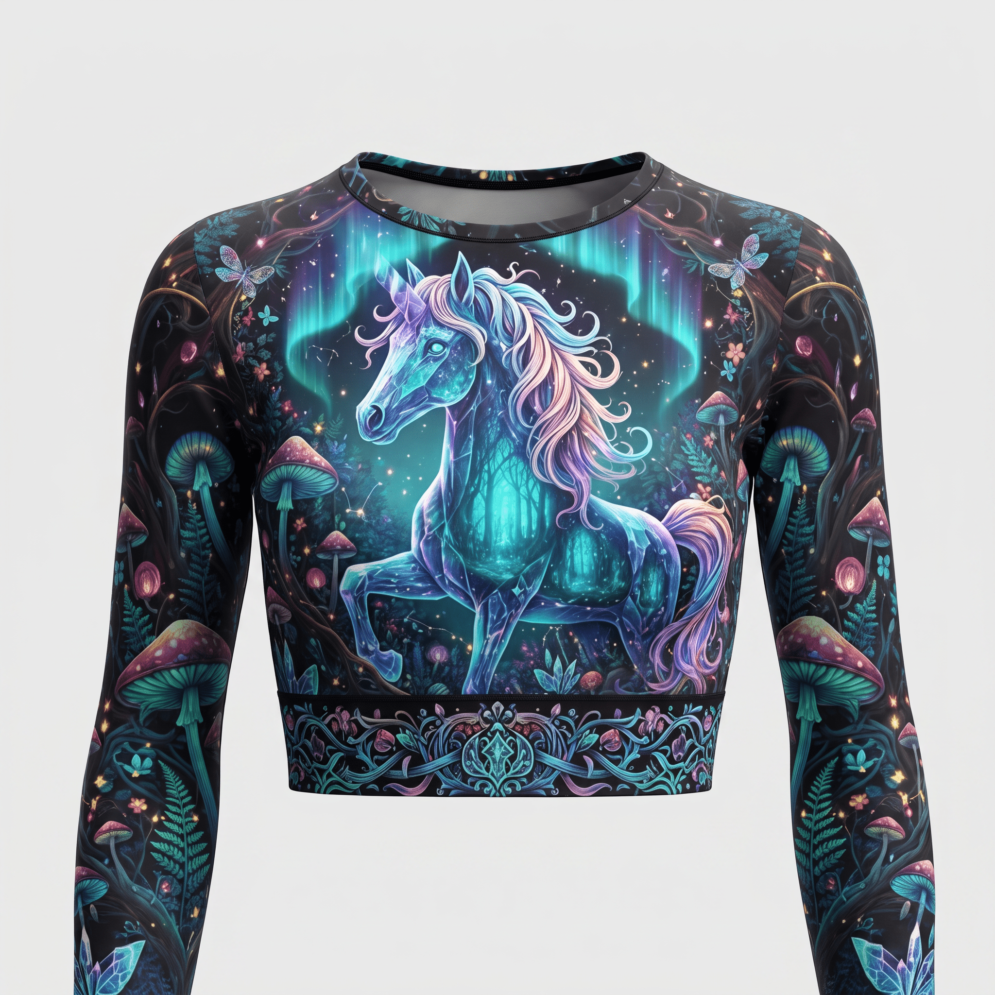 Long-sleeve crop top with a magical glowing unicorn, mushrooms, and northern lights design in blue and pink.