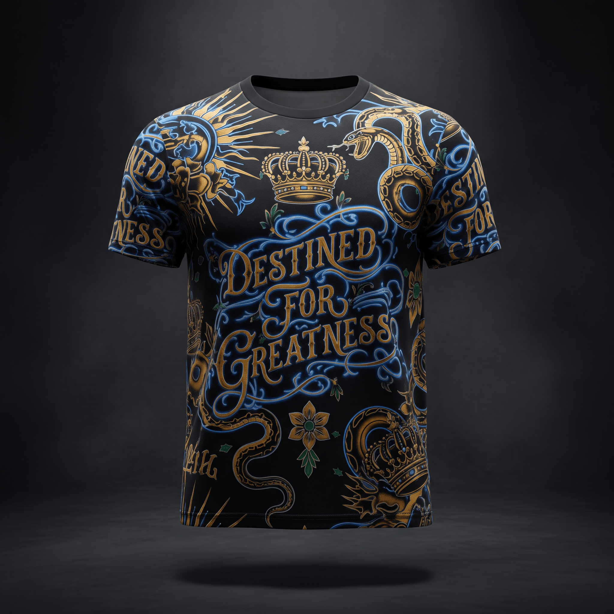 Black t-shirt with gold and blue graphic print, featuring crowns, snakes, and Destined for Greatness text.