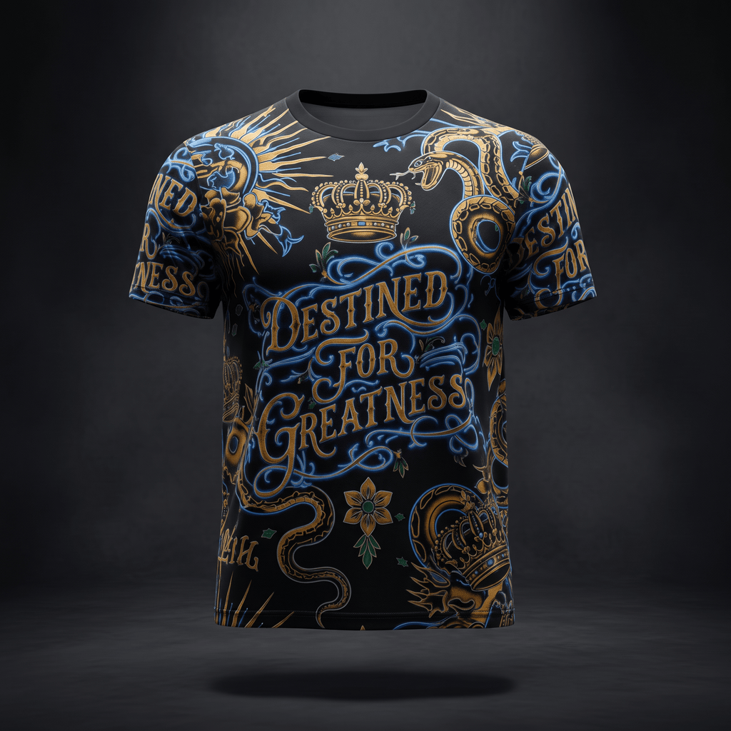Black t-shirt featuring gold and blue tattoo art graphics with crowns, snakes, and Destined for Greatness text.