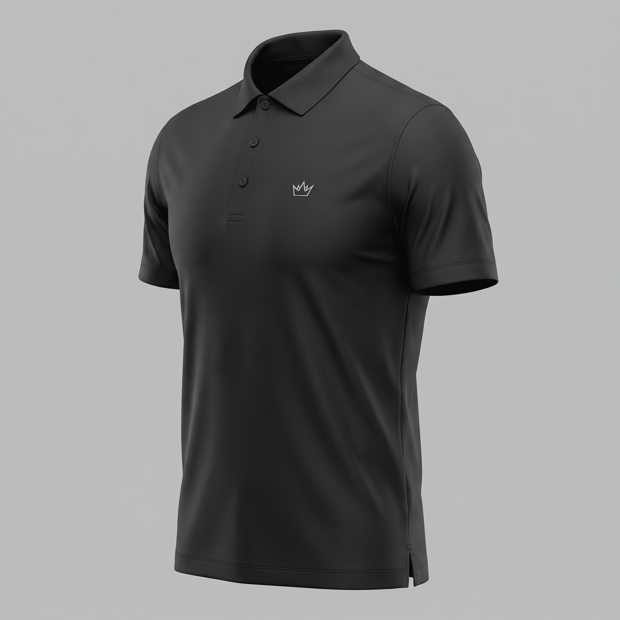 Black short-sleeve polo shirt with three buttons and a small white crown logo on the chest.