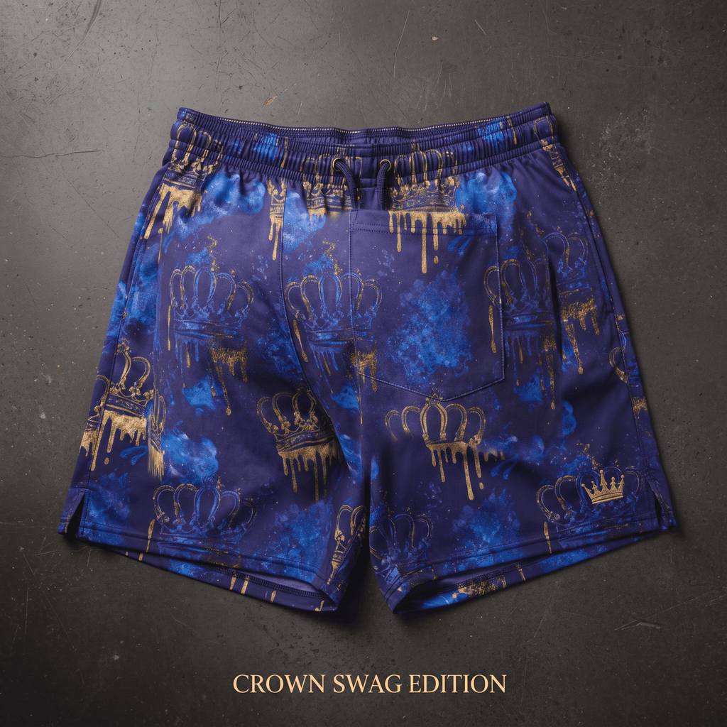 Purple athletic shorts featuring an all-over blue and gold dripping crown print on a dark background.
