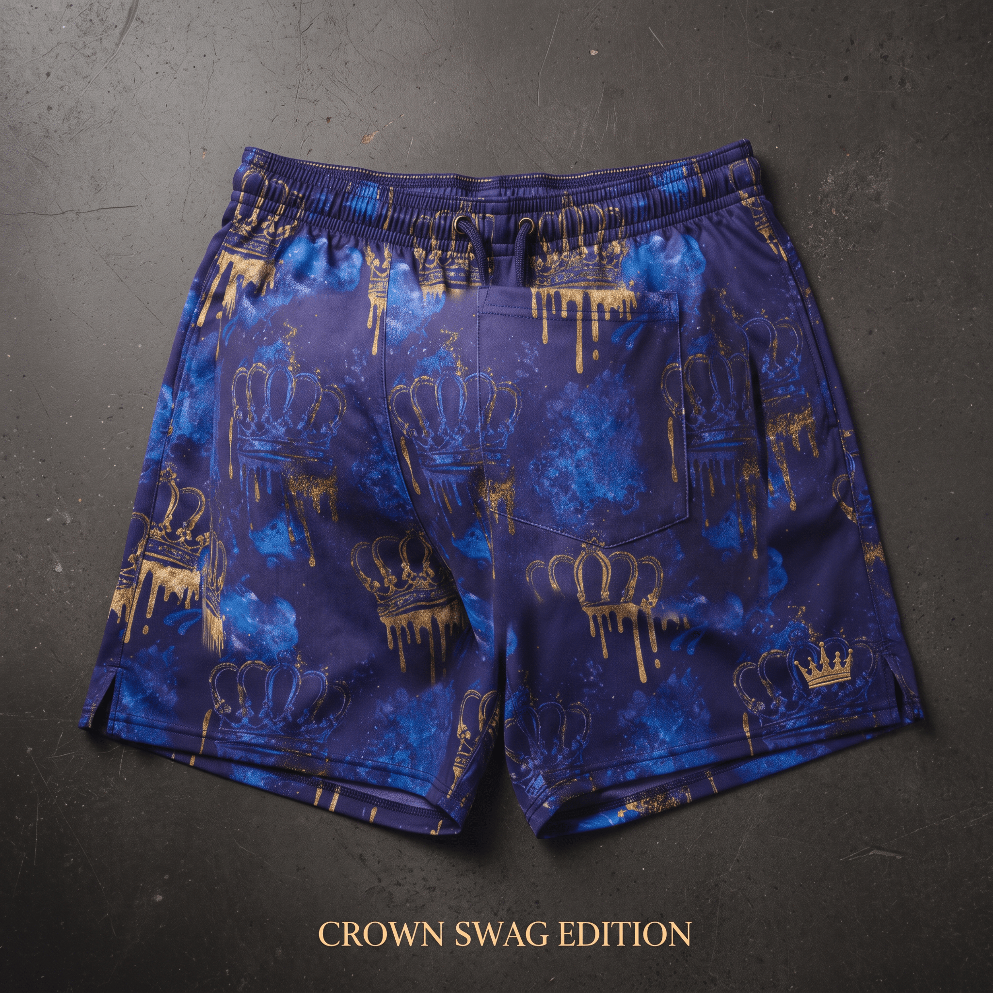 Purple athletic shorts featuring an all-over blue and gold dripping crown print on a dark background.