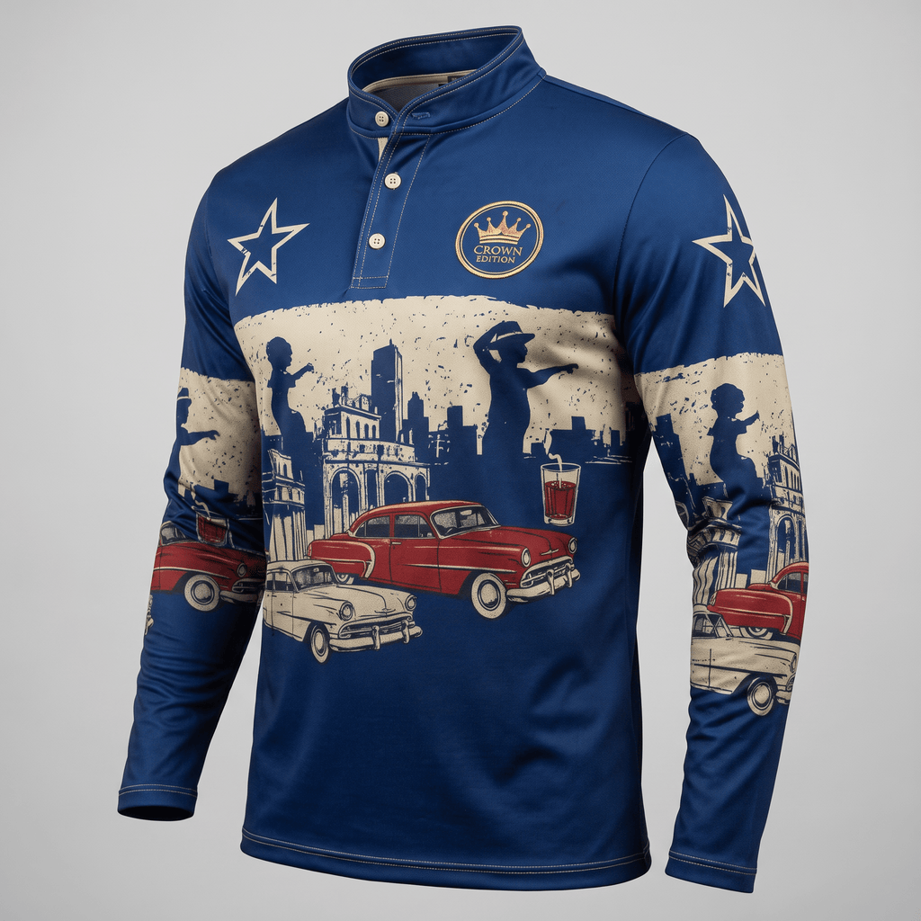 Blue long-sleeve mock neck shirt with vintage city graphic, classic cars, stars, and Crown Edition logo.