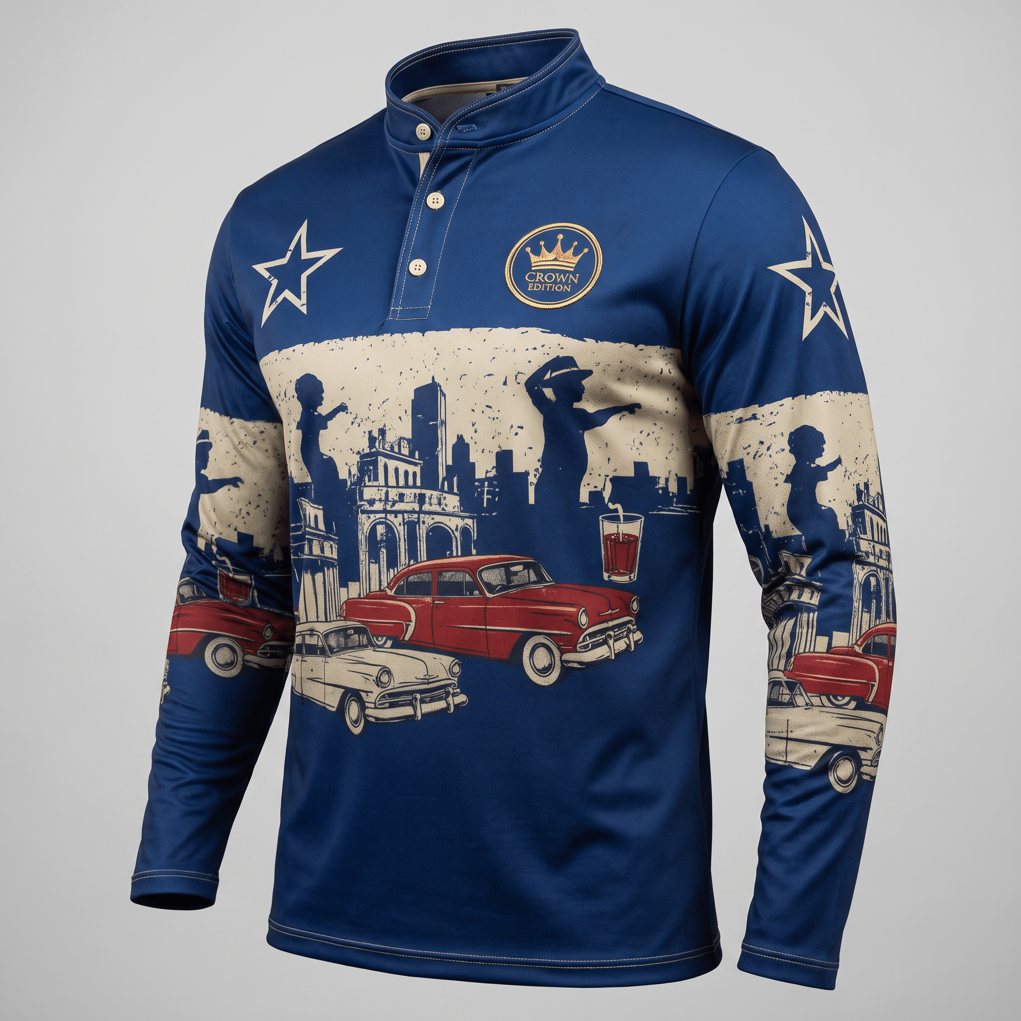 Blue long-sleeve mock neck shirt with vintage city graphic, classic cars, stars, and Crown Edition logo.