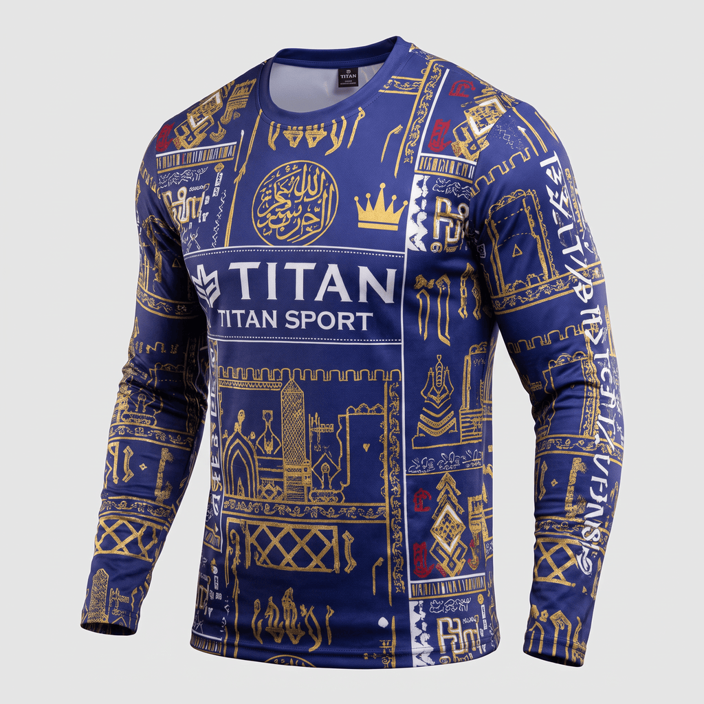 Blue Titan Sport long-sleeve athletic t-shirt with gold and white ancient-style graphic patterns.