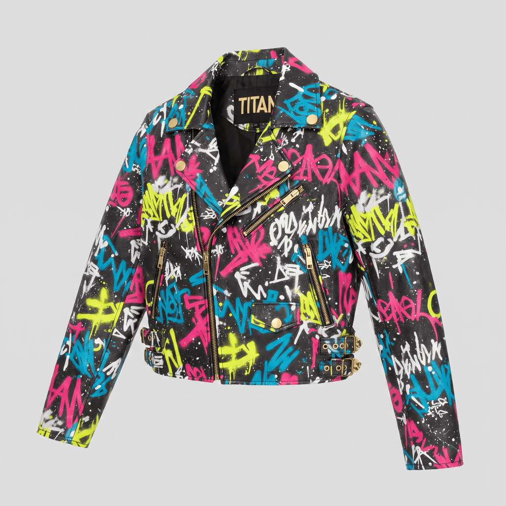 Black faux leather motorcycle jacket with vibrant neon pink, yellow, blue, and white graffiti print.