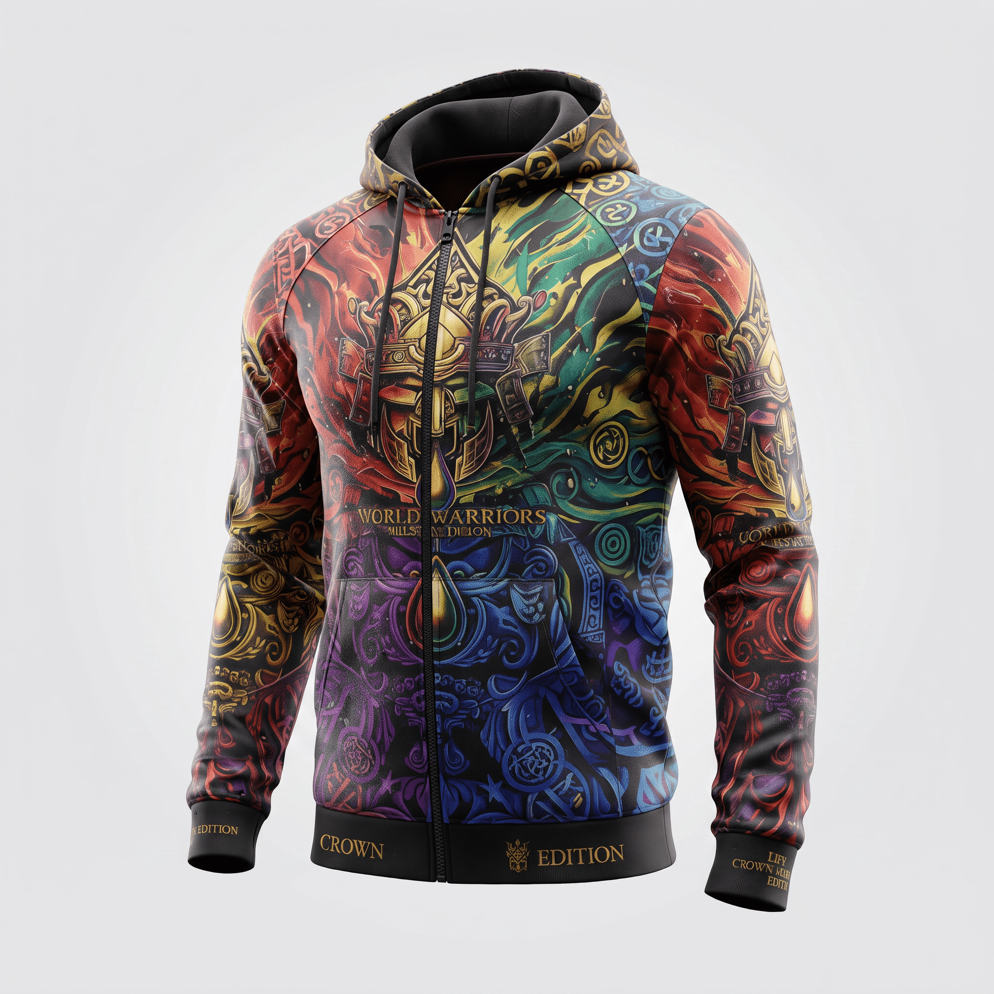 Multicolor zip-up hoodie featuring vibrant warrior graphics, ornate gold crowns, and bold typography.