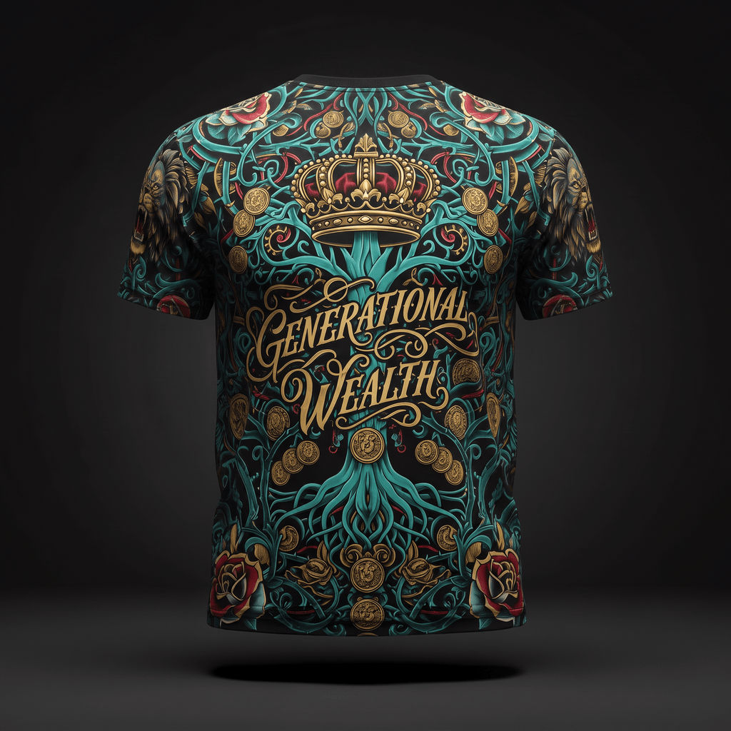 Black t-shirt with intricate teal, gold, and red Generational Wealth graphic print, back view.