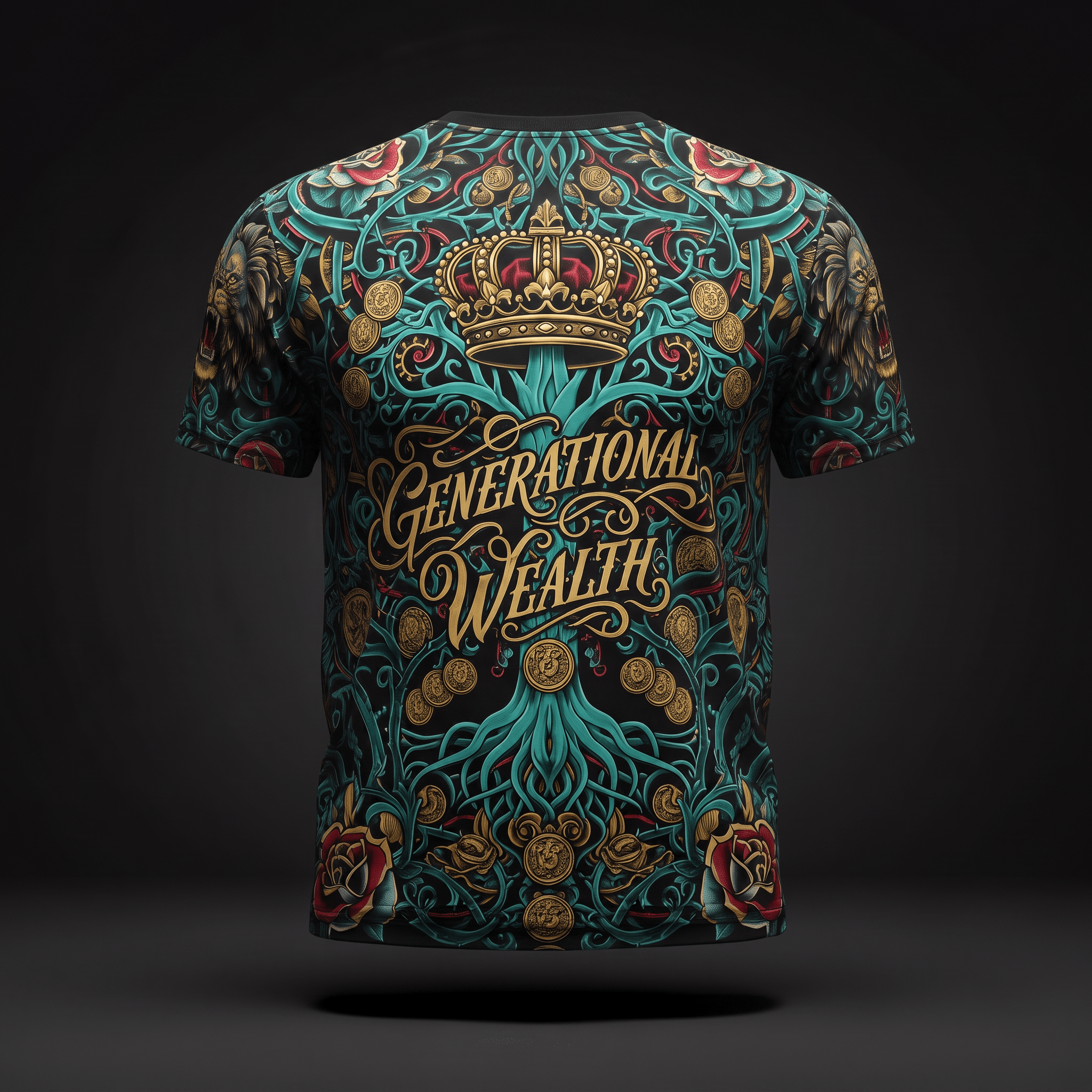 Black t-shirt with intricate teal, gold, and red Generational Wealth graphic print, back view.
