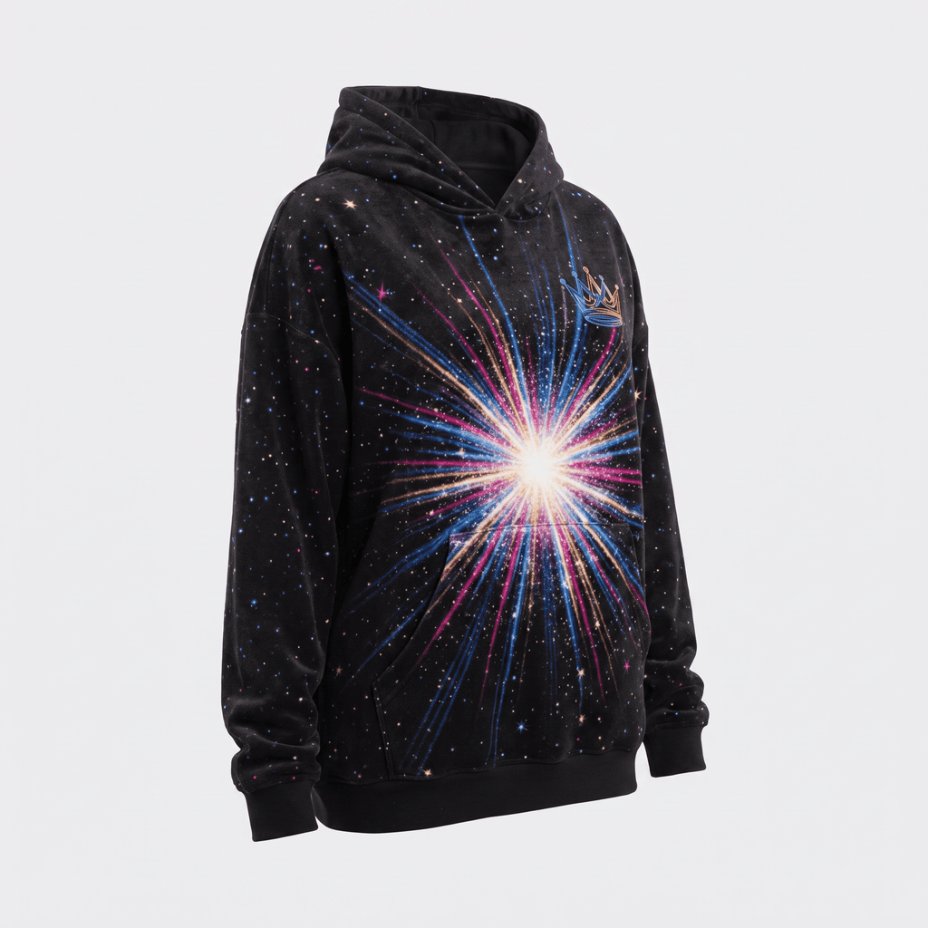 Black velour hoodie with a vibrant starburst graphic, starry galaxy pattern, and a crown logo on the chest.