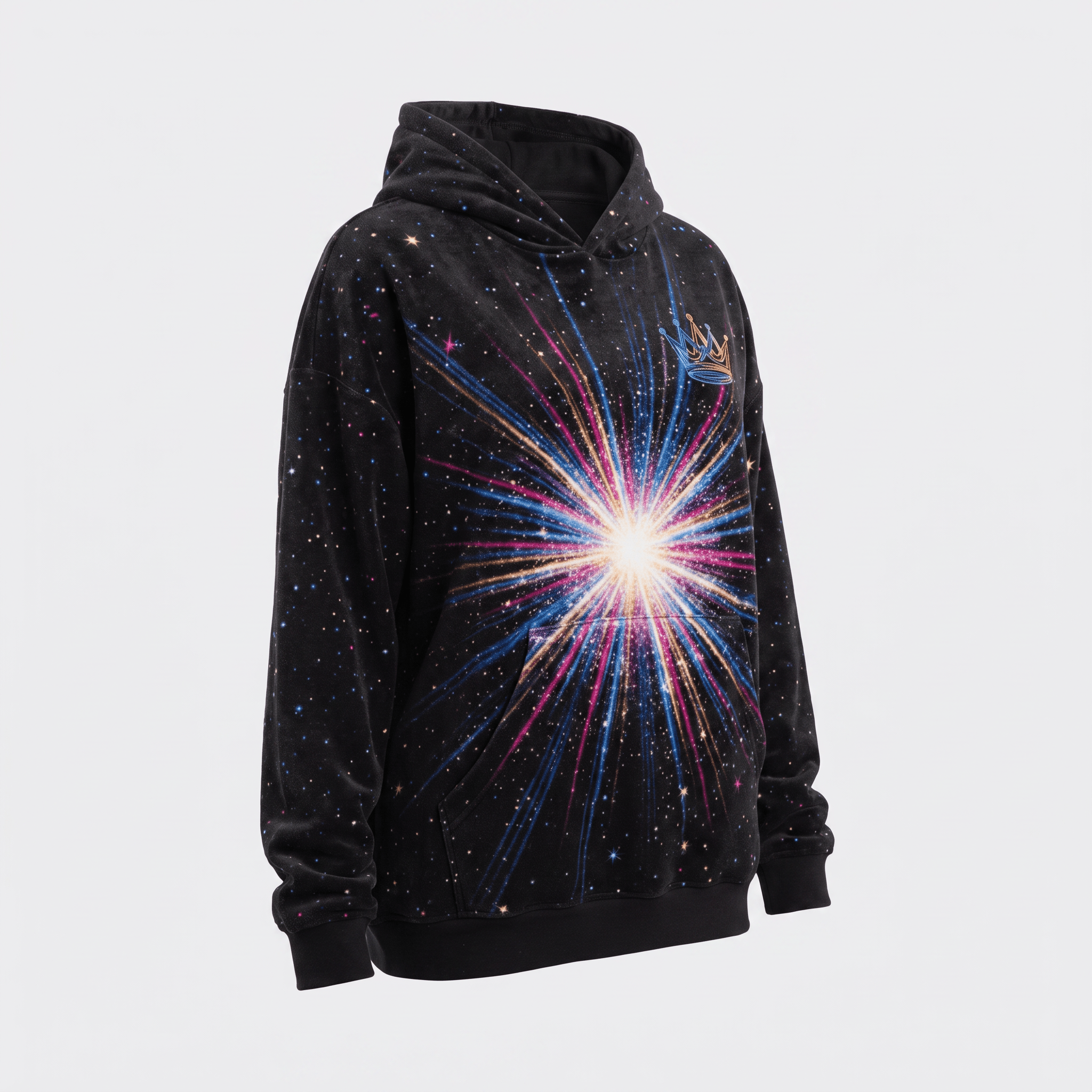 Black velour hoodie with a vibrant starburst graphic, starry galaxy pattern, and a crown logo on the chest.