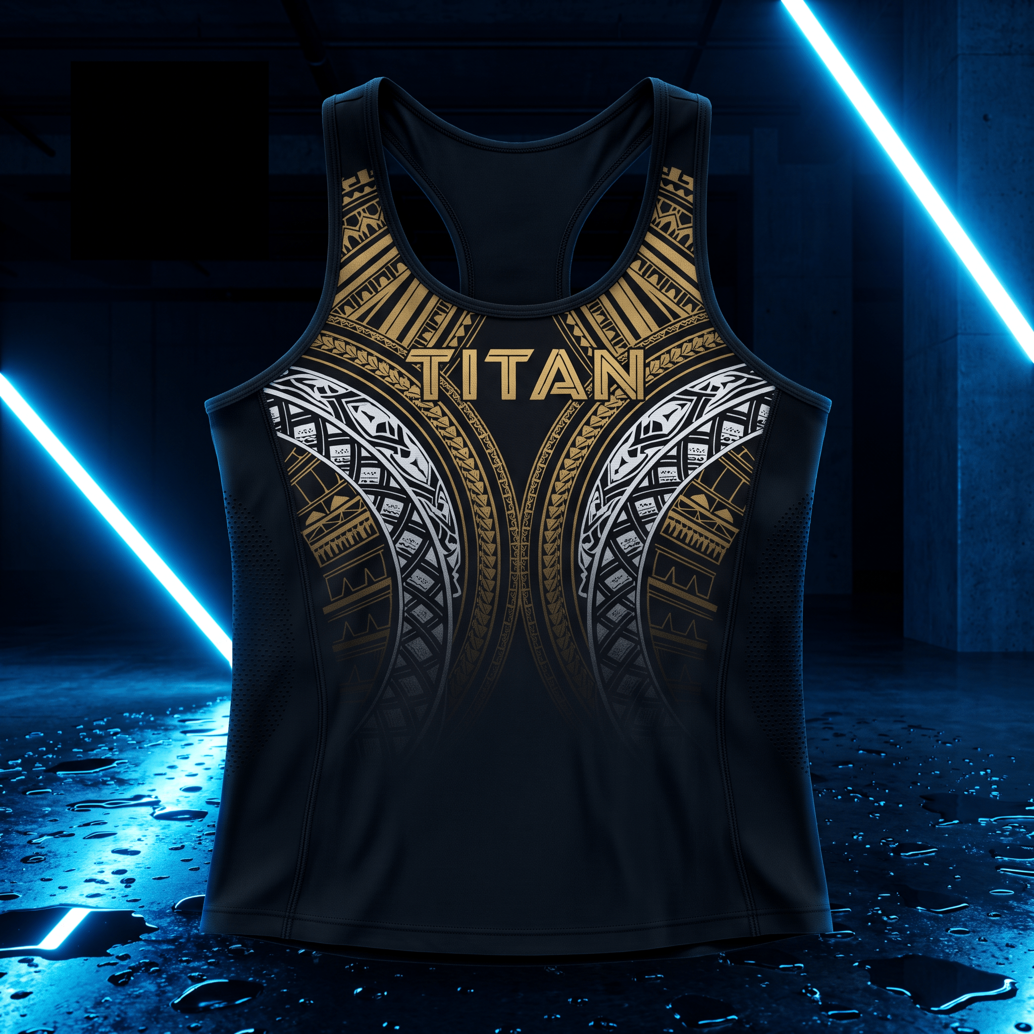 Black racerback tank top with gold and silver tribal patterns and the word "TITAN" centered on the chest.