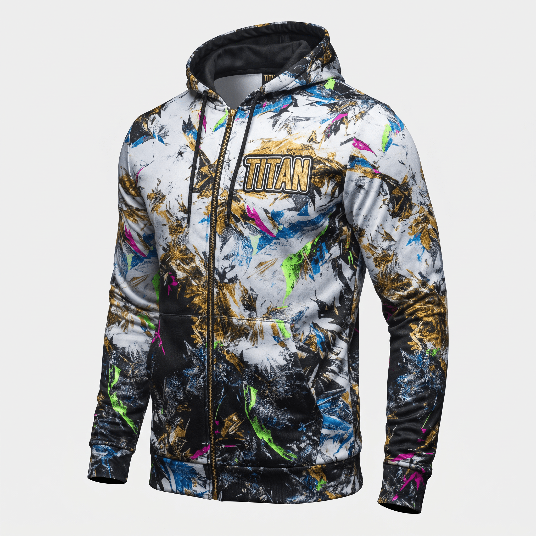 Titan full-zip hoodie featuring a multi-color abstract paint splatter pattern with gold, blue, pink, and black.