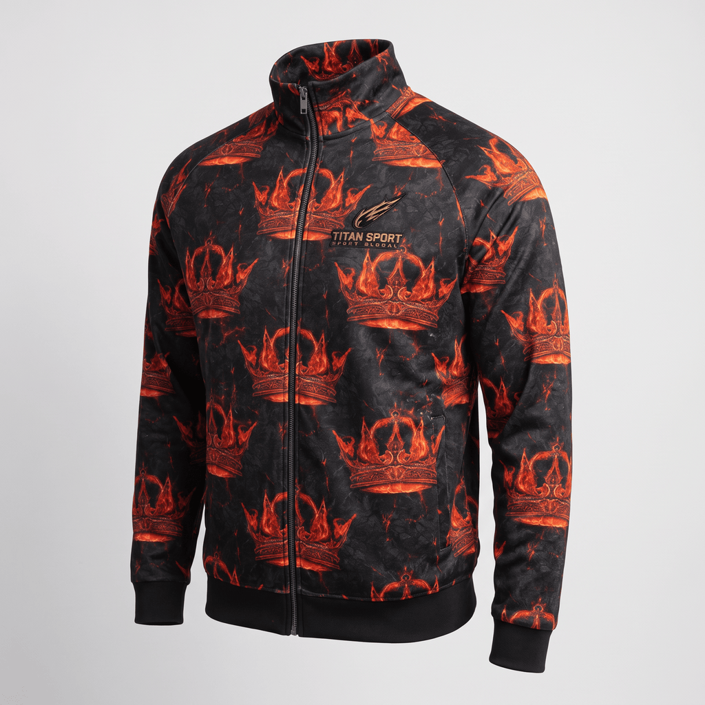 Black zip-up track jacket with a fiery red crown print and Titan Sport branding on a light gray background.