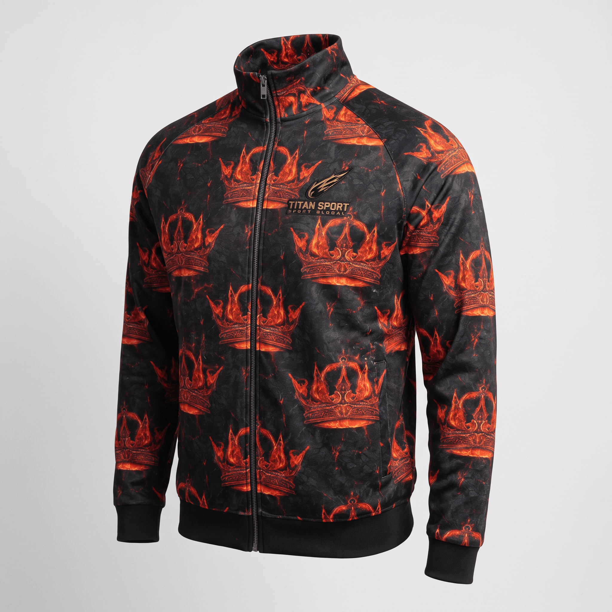 Black zip-up track jacket with a fiery red crown print and Titan Sport branding on a light gray background.
