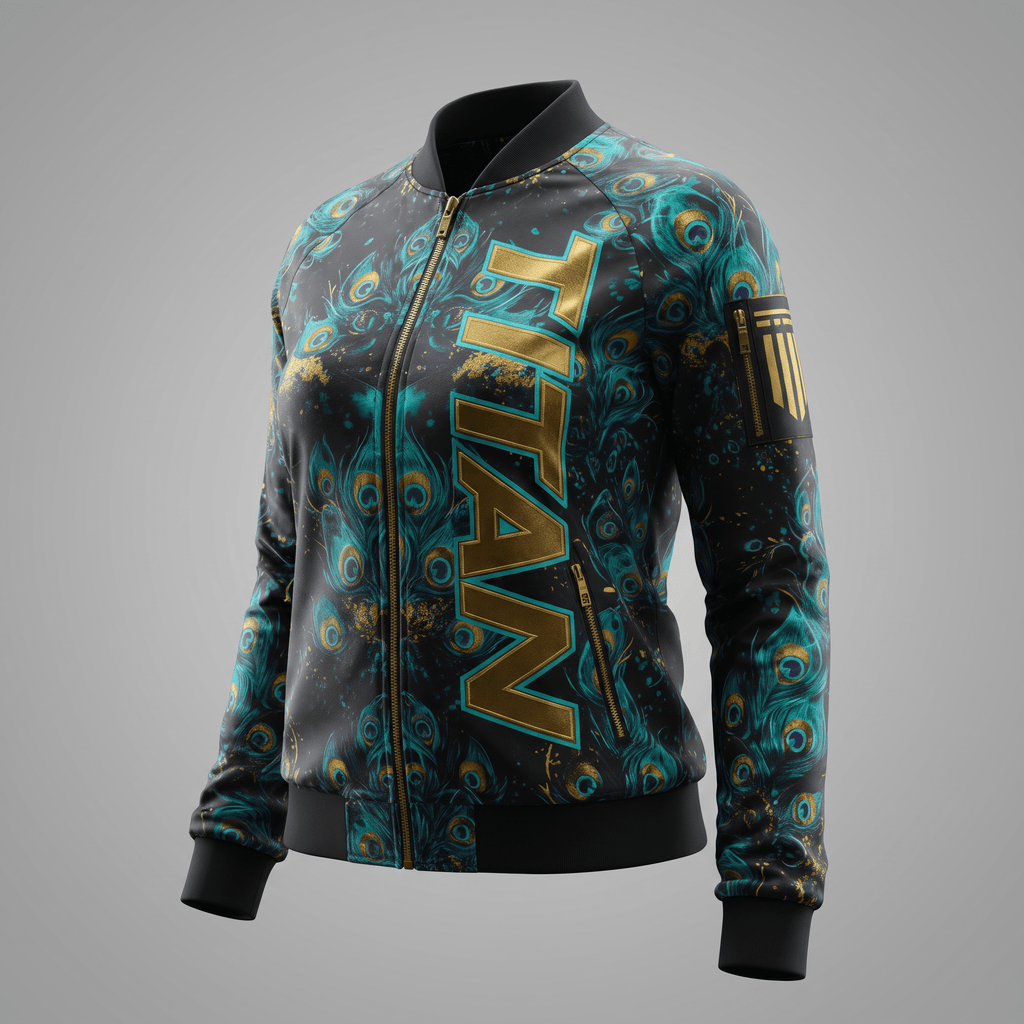 Black and teal peacock feather print bomber jacket with gold Titan logo.