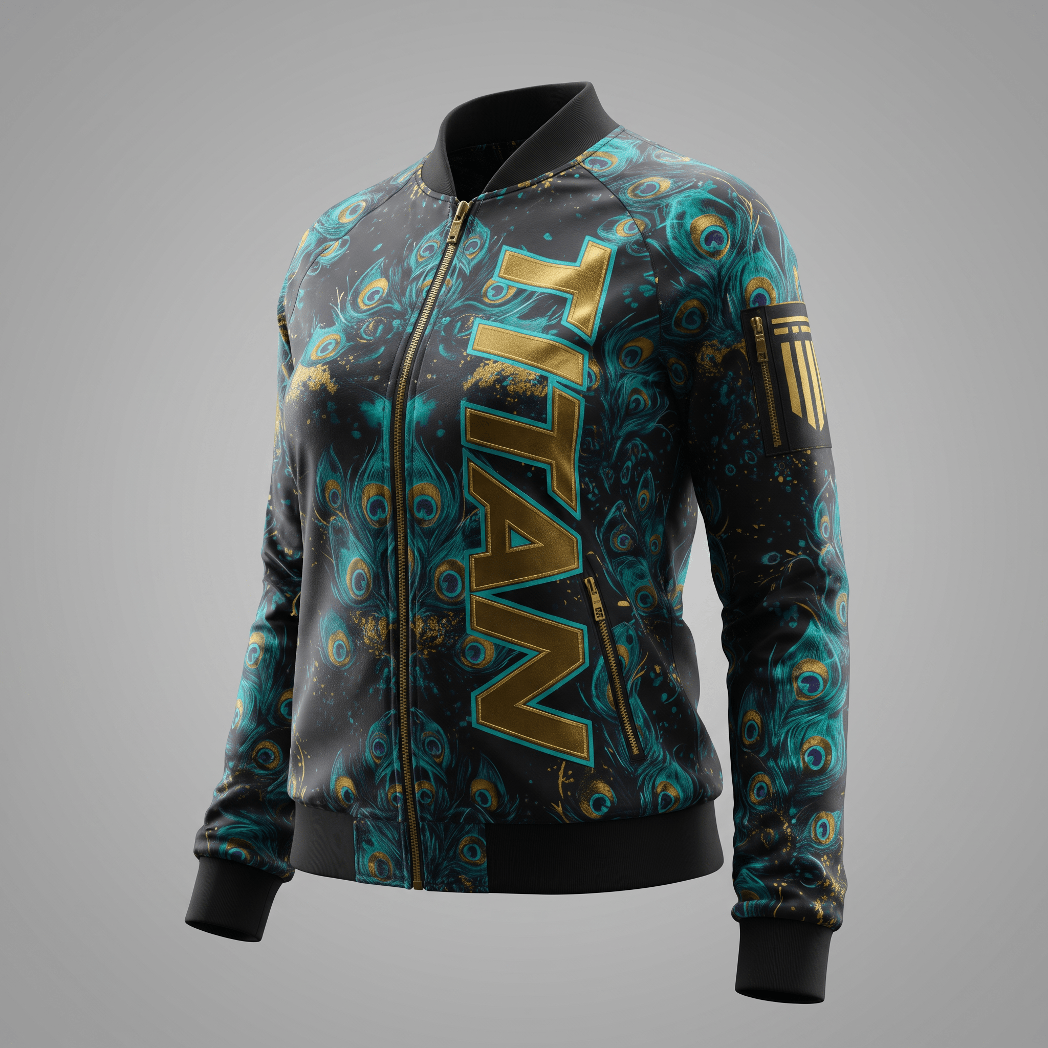 Black and teal peacock feather print bomber jacket with gold Titan logo.