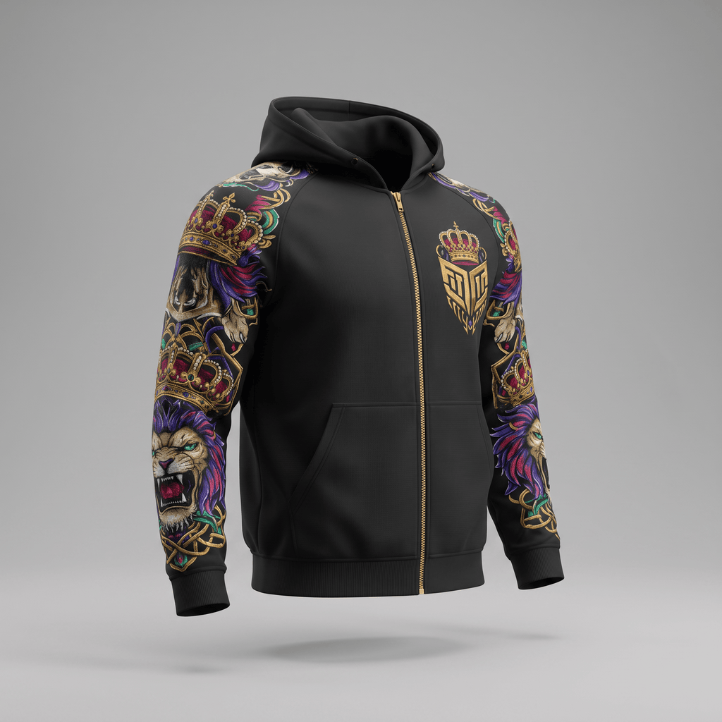 Black zip-up hoodie featuring colorful lion and crown graphic sleeves and a gold chest emblem.