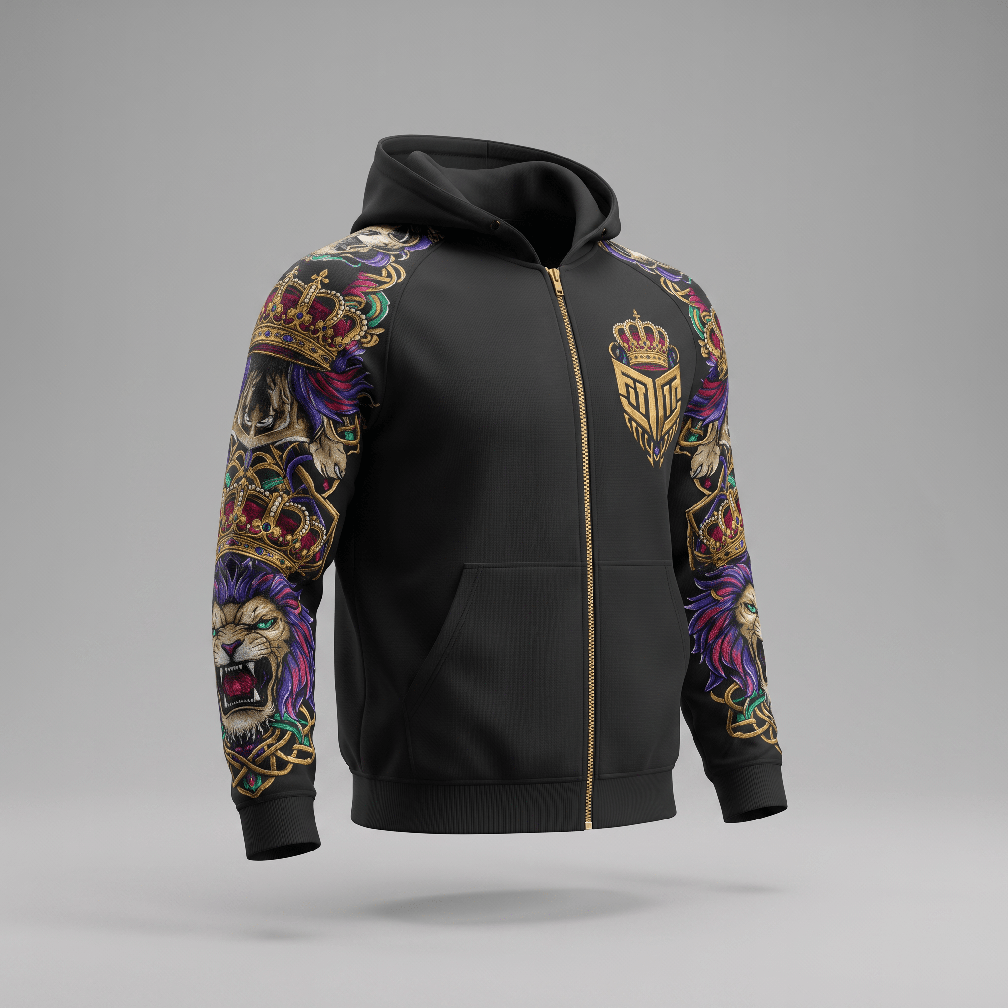 Black zip-up hoodie featuring ornate lion and crown graphics on sleeves and a gold crest on the chest.