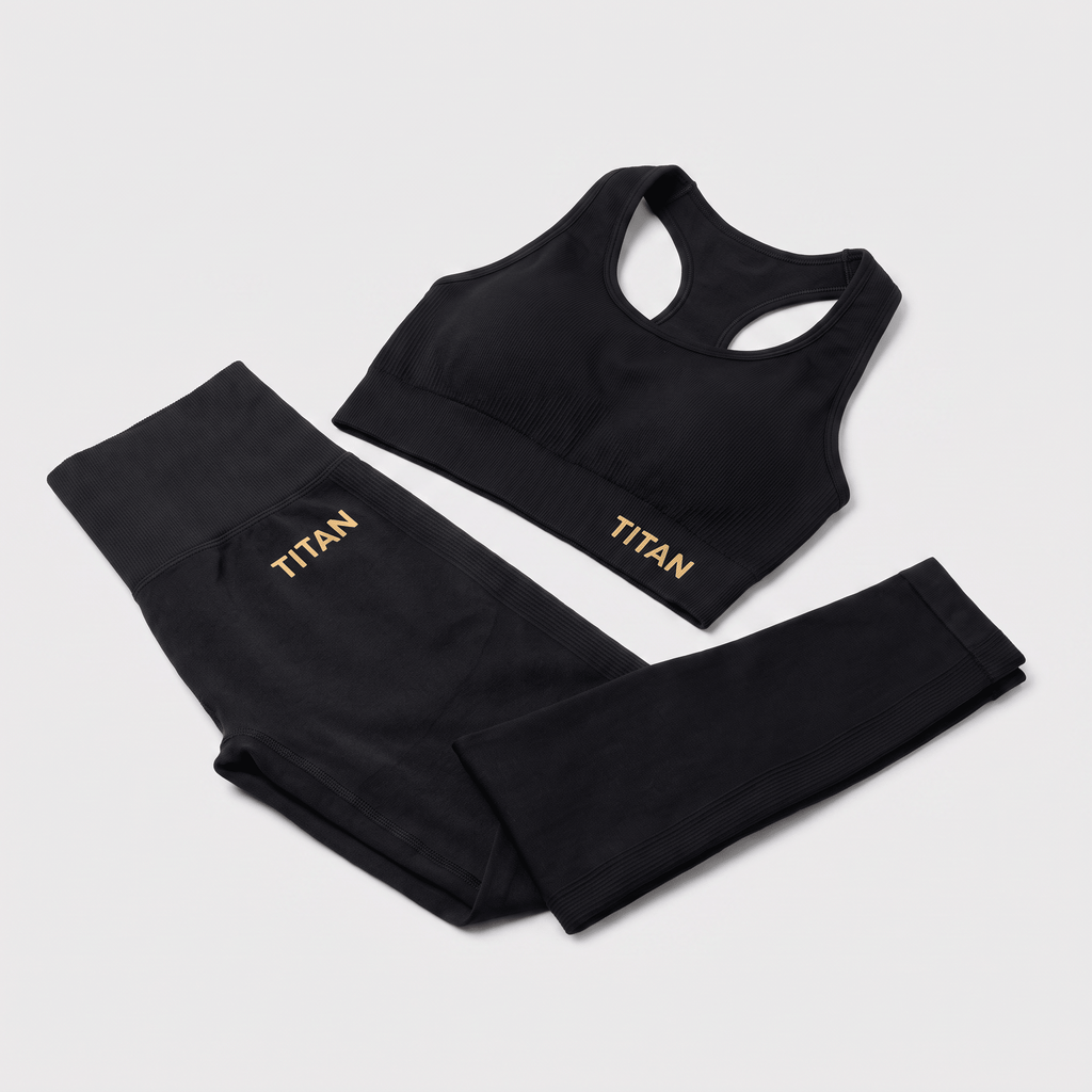 Black ribbed athletic crop top and high-waisted leggings set with gold Titan branding.