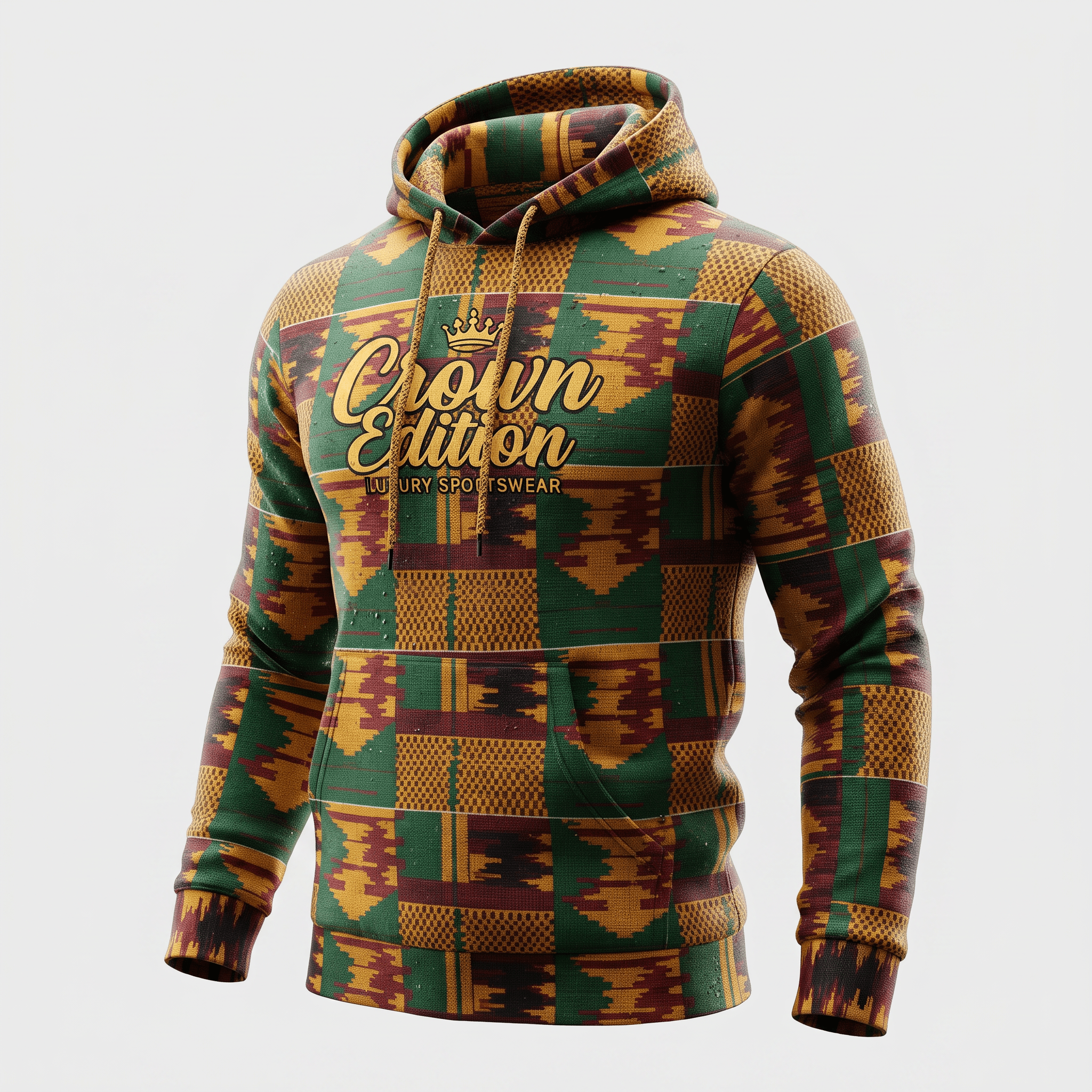 Green, gold, and red patterned hoodie with Crown Edition text and a front pocket on a light background.