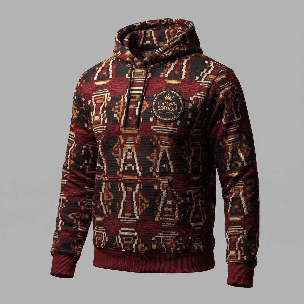 Red geometric patterned hoodie with a crown edition chest patch and front pocket on gray background.