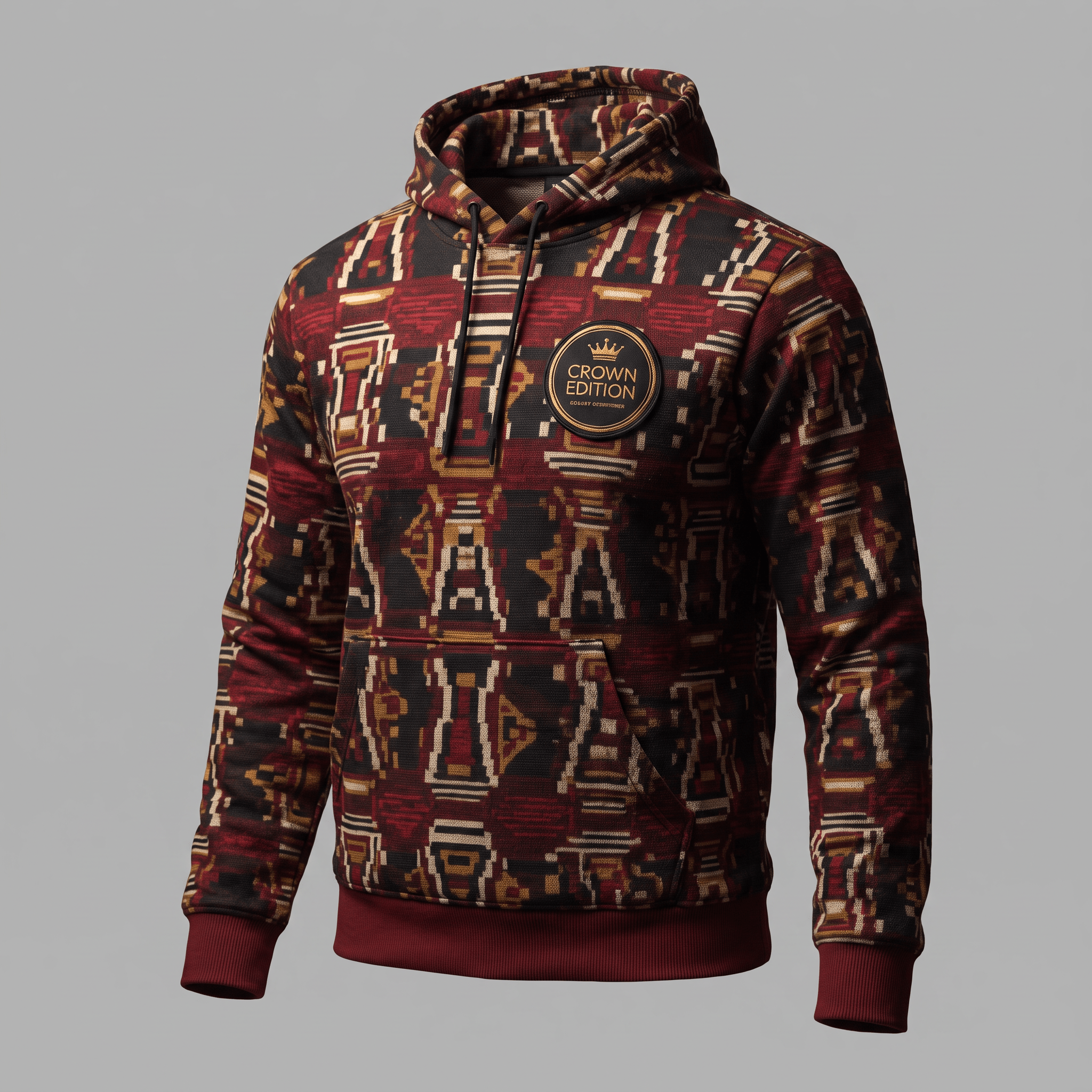 Red geometric patterned hoodie with a crown edition chest patch and front pocket on gray background.