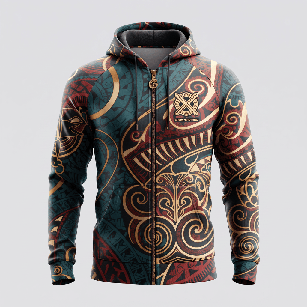 Teal and maroon full-zip hoodie with gold Polynesian tribal patterns and a Crown Edition logo on the chest.