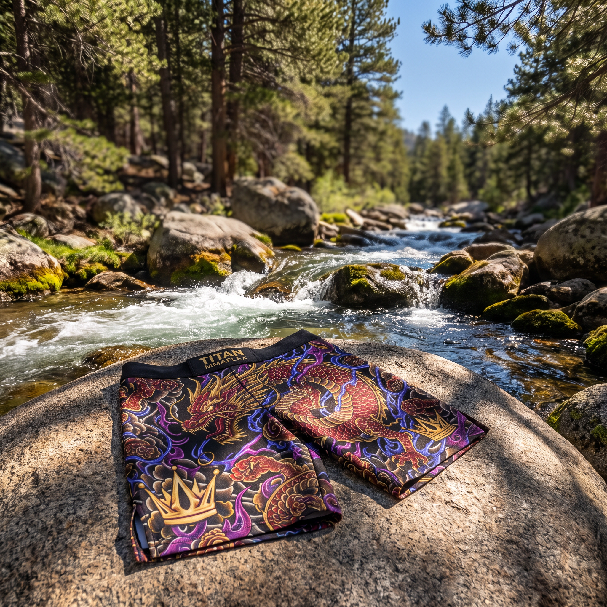 Titan MMAflex athletic shorts with black base, gold dragon and crown pattern on a rock by a mountain stream.