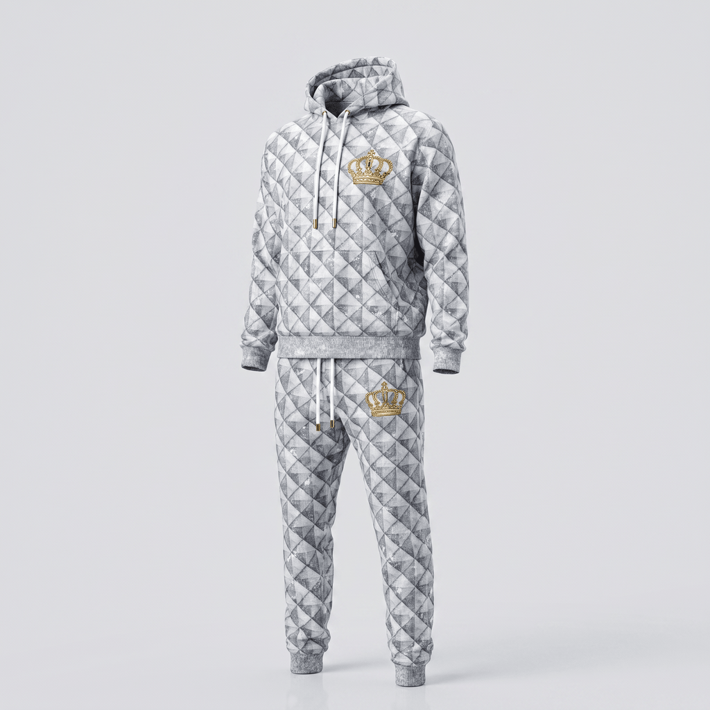 Grey and white diamond pattern tracksuit with a gold crown logo on the hoodie and pants.
