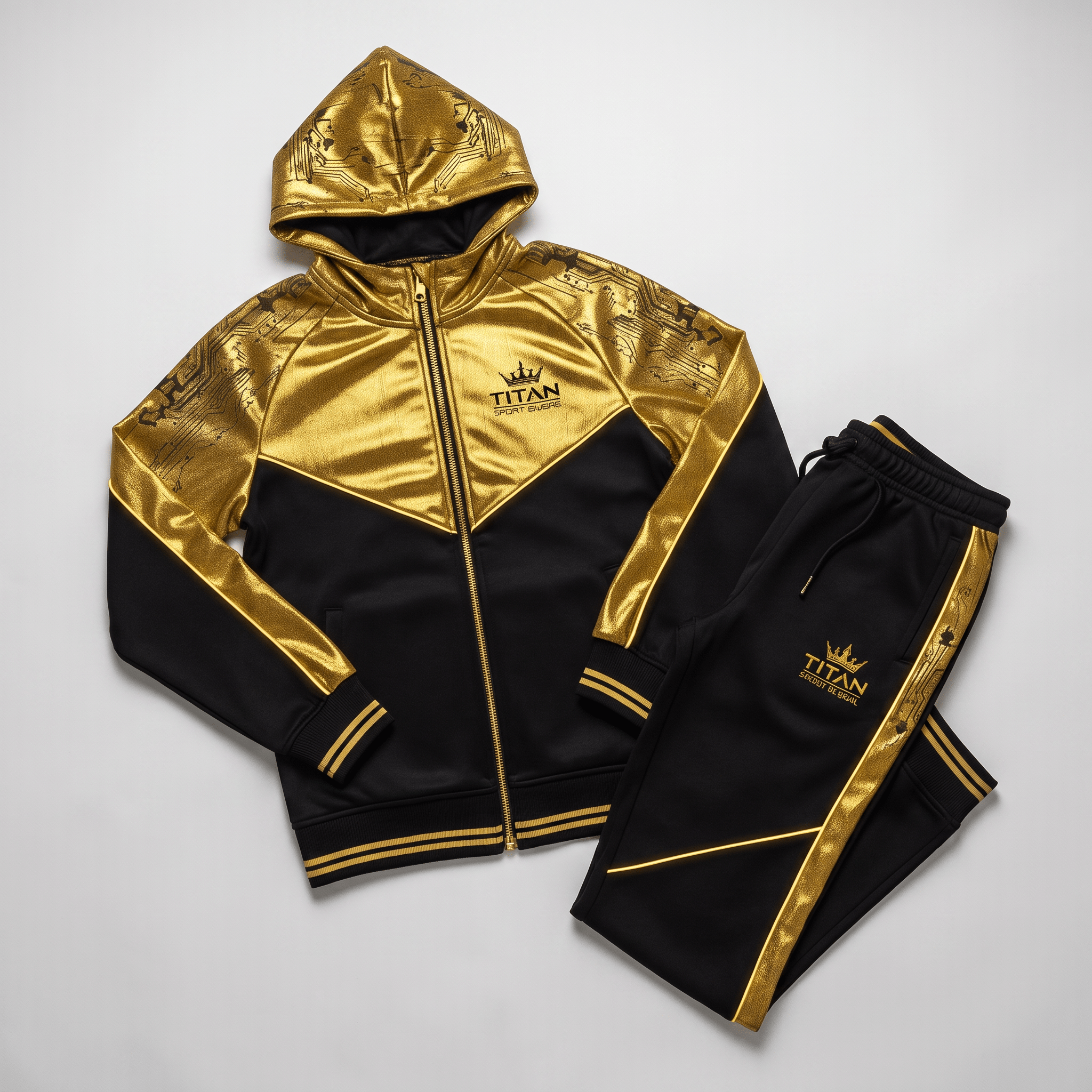 Black and metallic gold tracksuit with a hooded zip-up jacket and matching joggers with Titan Sportswear branding.