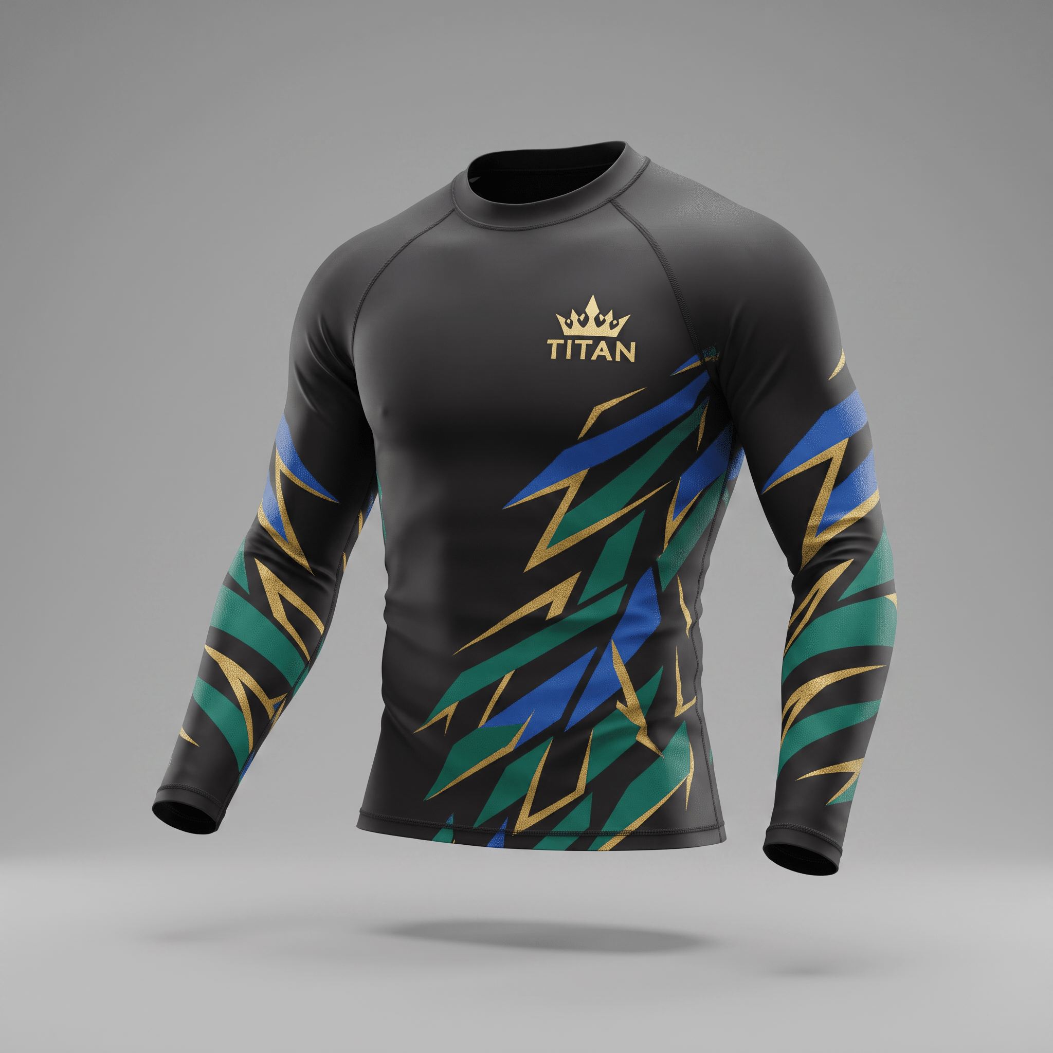 Black long-sleeve rash guard with blue, green, and gold geometric graphics and a Titan crown logo on the chest.