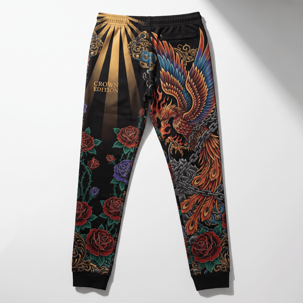 Black joggers with vibrant phoenix, rose, and sunburst graphics on a white background.